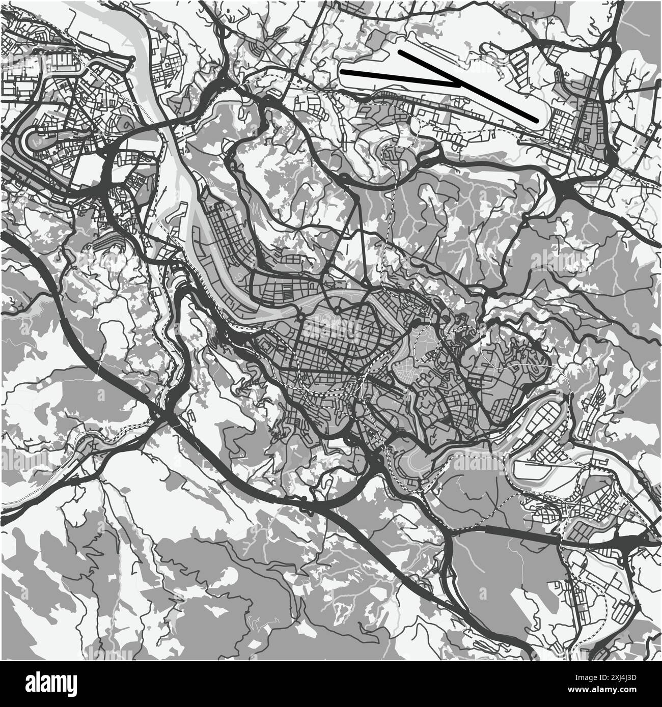 Karte von Bilbao in Spanien in Graustufen. Enthält mehrschichtigen Vektor mit Straßen, Wasser, Parks usw. Stock Vektor
