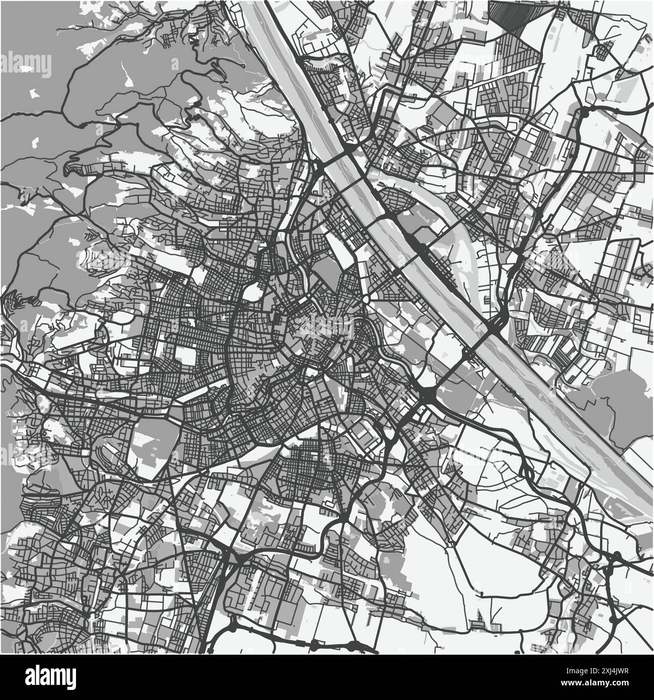 Karte von Wien in Österreich in Graustufen. Enthält mehrschichtigen Vektor mit Straßen, Wasser, Parks usw. Stock Vektor