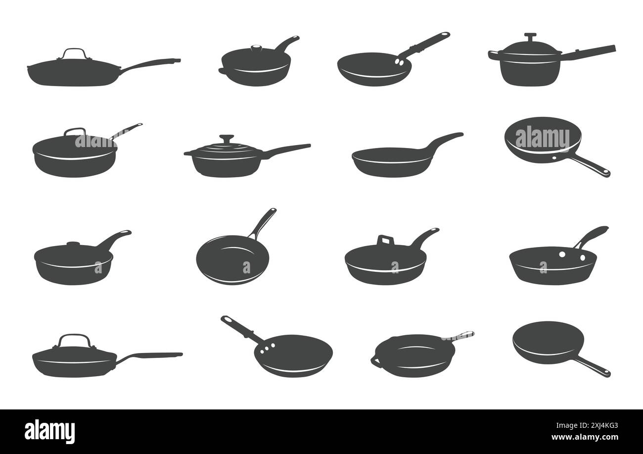 Silhouette der Bratpfanne, Silhouette der Kochpfanne, Silhouette der Pfannen Stock Vektor