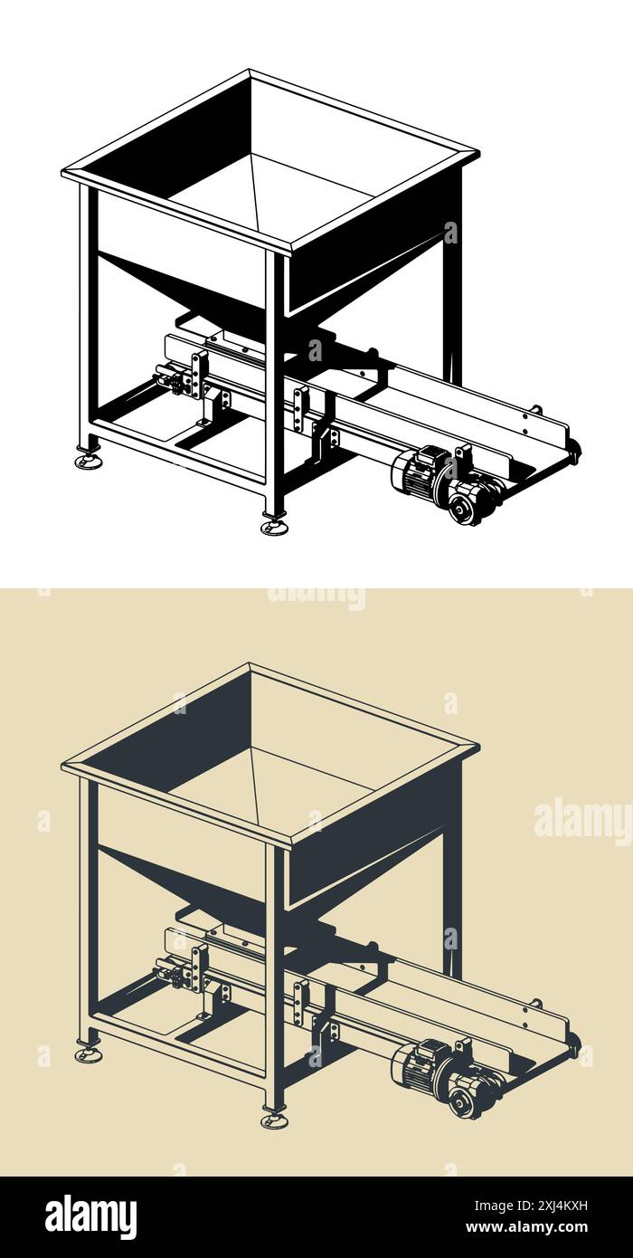 Stilisierte Vektorabbildungen eines Zufuhrbehälters mit Bandförderer Stock Vektor