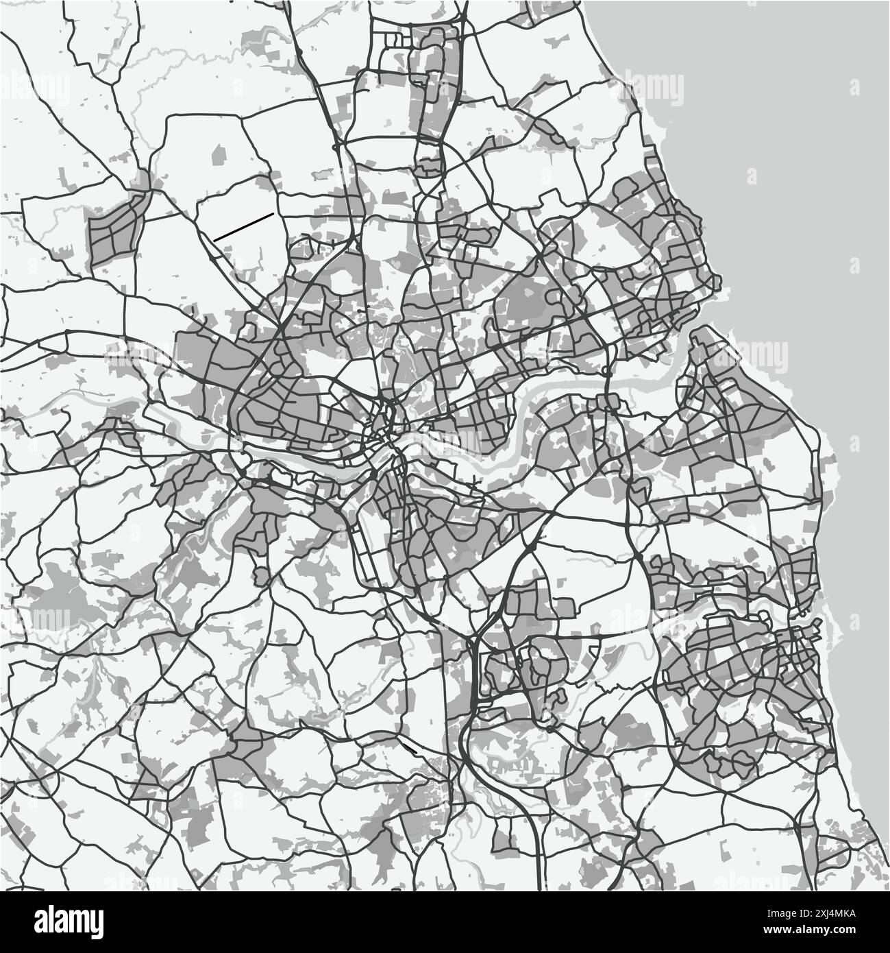 Karte von Newcastle in Großbritannien in Graustufen. Enthält mehrschichtigen Vektor mit Straßen, Wasser, Parks usw. Stock Vektor