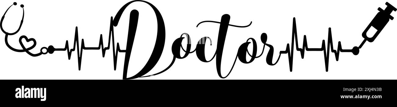 Arzt - Wort - schwarze Farbe - Name geschrieben - Herzschlag, Elektrokardiogramm, Liebe - Spritze und Stethoskop - für Websites, Präsentationen, Grüße Stock Vektor