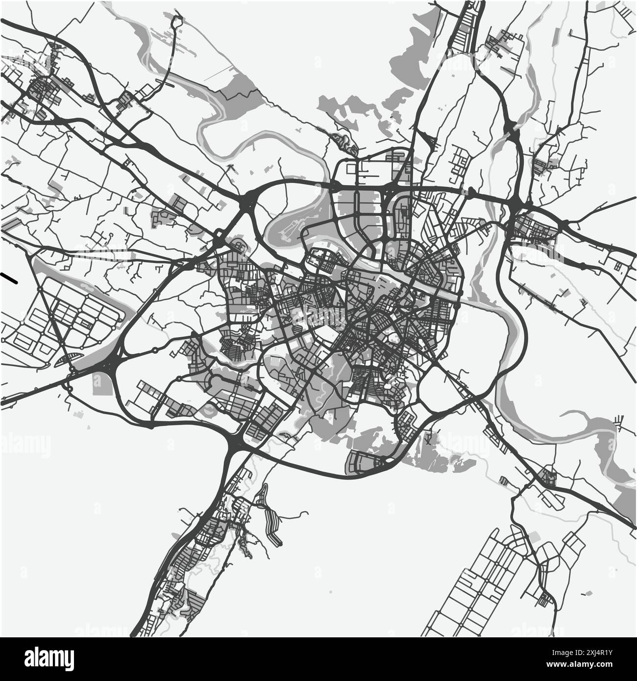 Karte von Saragossa in Spanien in Graustufen. Enthält mehrschichtigen Vektor mit Straßen, Wasser, Parks usw. Stock Vektor