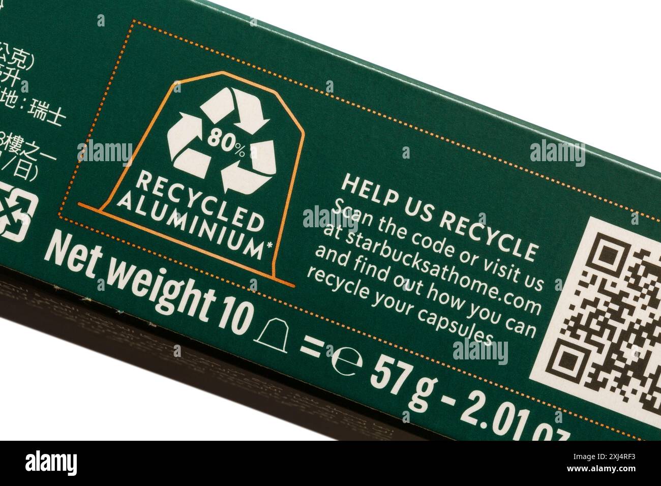 80 % recyceltes Aluminium, Details auf der Packung Starbucks Kaffeekapseln Stockfoto