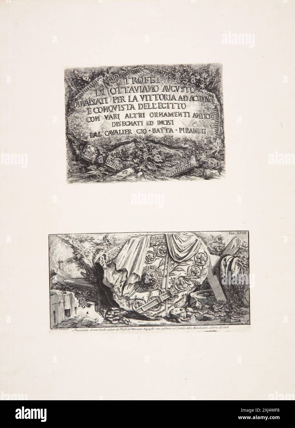 Trophäen des Oktavianischen Augustus, die zum Gedenken an den Sieg bei Actium und die Eroberung Ägyptens errichtet wurden, mit verschiedenen anderen Ornamenten, die Cavaliere Gio gezeichnet und geätzt hat. Bat'ta Piranesi Piranesi, Giovanni Battista 1720 - 1778, Piranesi, Francesco 1754 - 1810 Gravur, Print Giovanni Battista Piranesi, Henri Focillon, Nr. 133-134, 40762, 1967. Giovanni Battista Piranesi: The complete Radiings, John Wilton-Ely, Nr. 269-270, 55434, 1994. Giovanni Battista Piranesi: Eine kritische Studie mit einer Liste seiner veröffentlichten Werke und detaillierten Katalogen der Gefängnisse und der Ansichten Roms, Arthur M. Hind, S. 82-8 Stockfoto