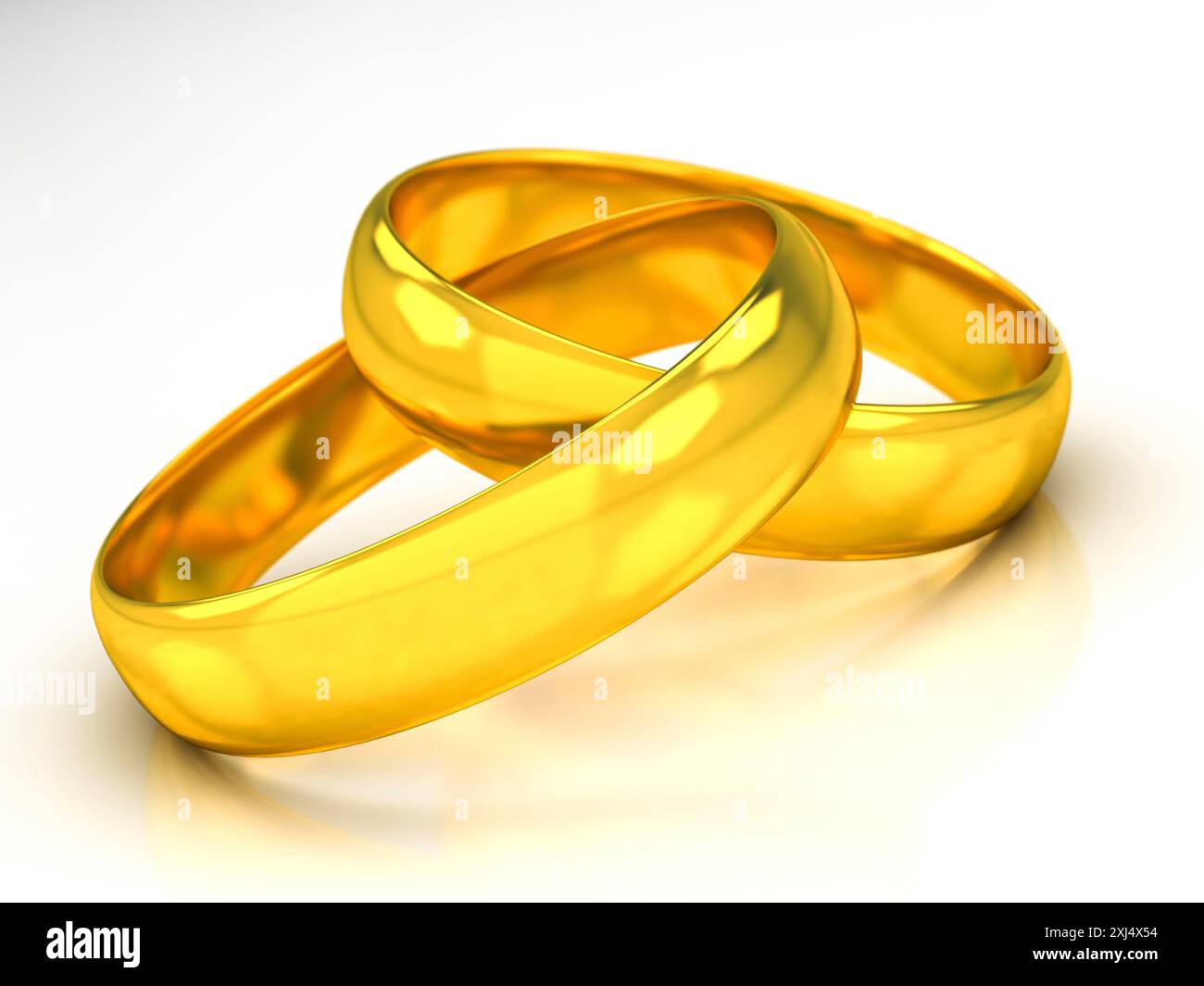 Goldene Eheringe auf weißem Gestell Stockfoto