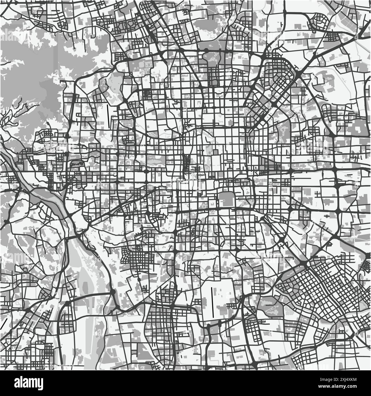 Karte von Peking in China in Graustufen. Enthält mehrschichtigen Vektor mit Straßen, Wasser, Parks usw. Stock Vektor