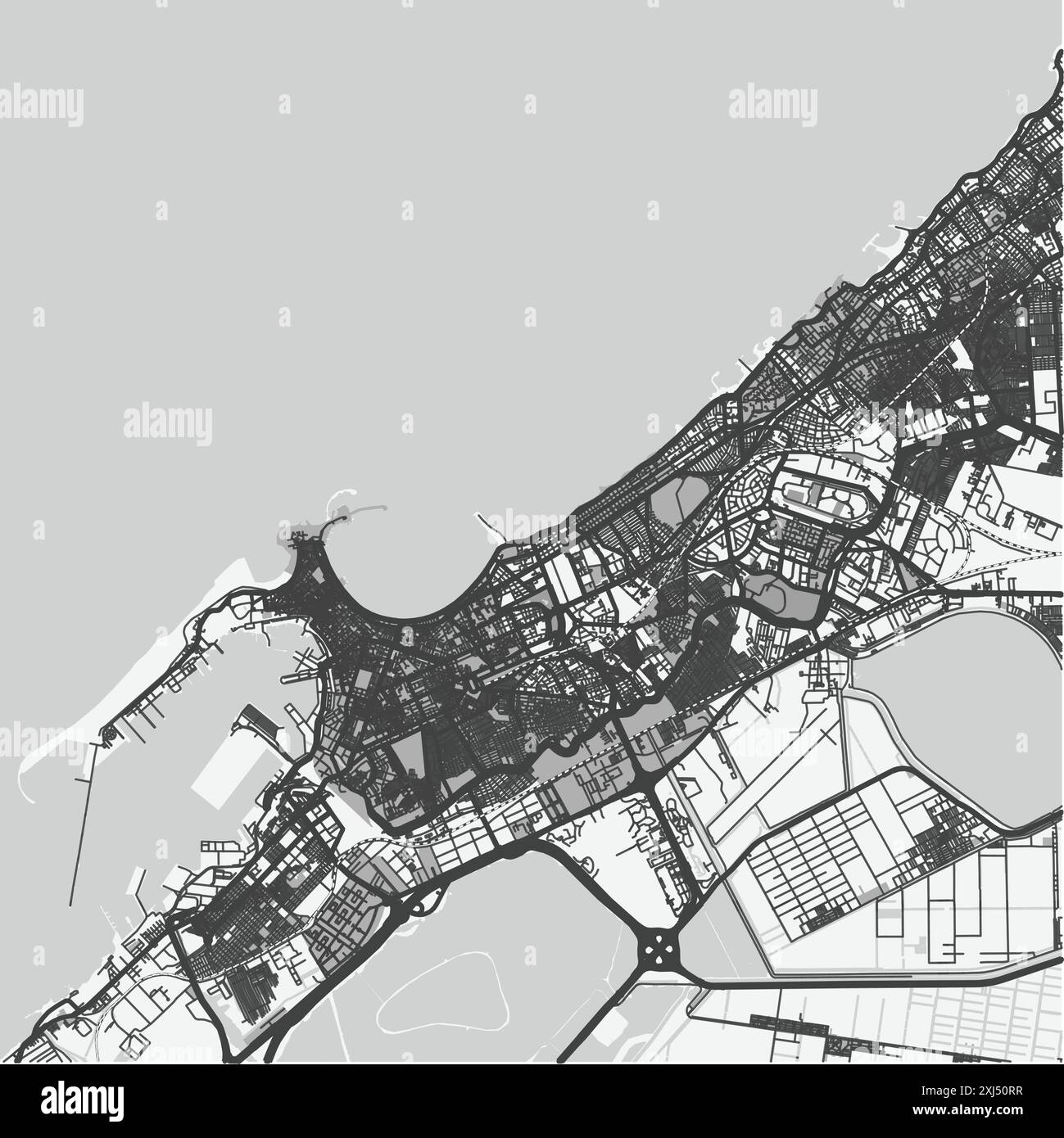 Karte von Alexandria in Ägypten in Graustufen. Enthält mehrschichtigen Vektor mit Straßen, Wasser, Parks usw. Stock Vektor