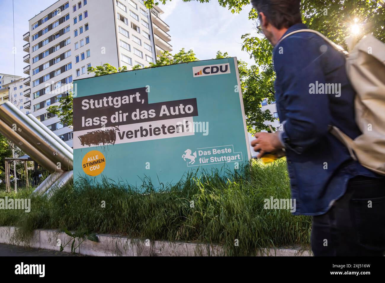 Regionalwahl am 9. Juni 2024, gemeinderatswahl. Wahlplakat der CDU-Partei, Verkehrsverbot, Stuttgart Stockfoto