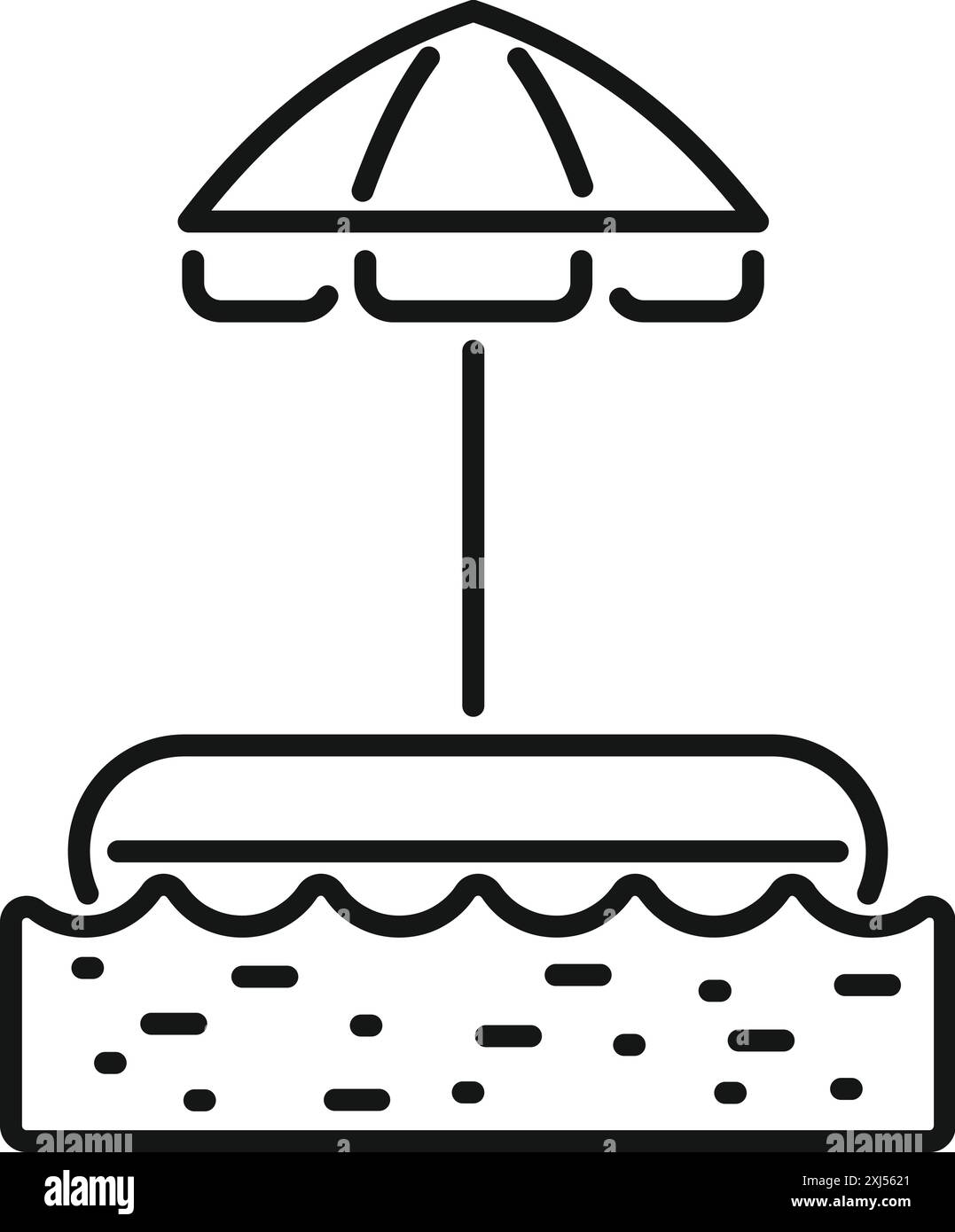 Einfache Linienzeichnung eines Sonnenschirms, der eine leere Sonnenliege schattiert Stock Vektor