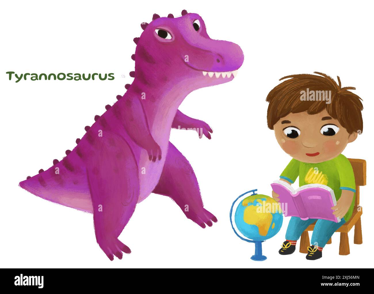 Comic glückliche und lustige bunte prähistorische Dinosaurier Dino tyrannosaurus isolierte Illustration für Kinder mit Kind, das auf Tier und Leselear zeigt Stockfoto