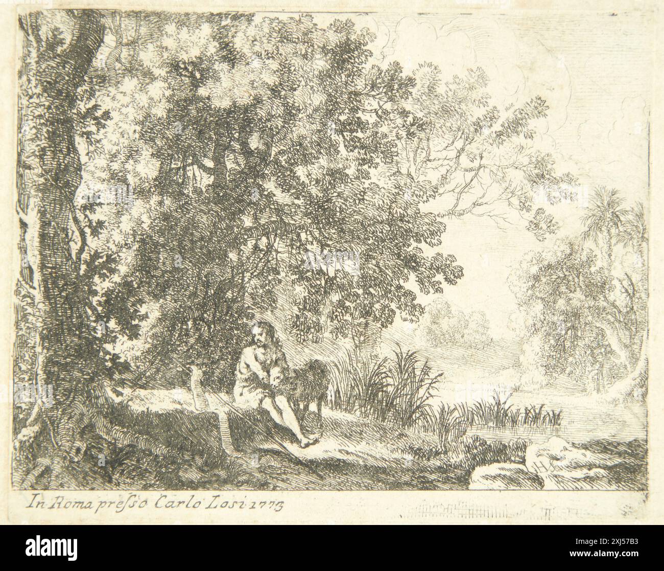 John the Baptist in the wild Swanevelt, Herman van 1601 - 1655, Losi, Carlo 1657 - 1805 Etching, Print the Illustrated Bartsch 2, Dutch Artists, Waterloo, van Everdingen, Swanevelt, Mark Carter Leach, 34, C 36165, 1978. Hollsteins niederländische und flämische Radierungen, Stiche und Holzschnitte 1450-1700 (Bd. XXIX), Samuel de Swaef - Jan Thesing, Dieuwke de Hoop Scheffer, 10 III, C 38945, 1984 Johannes Døberen i vildnisset Stockfoto