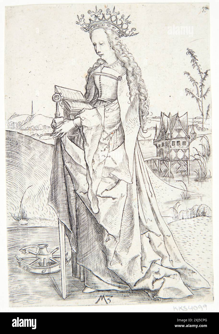 Kupferstich von Monogrammist MZ mit Darstellung der Heiligen Katharina. Teil der illustrierten Bartsch-Serie früherer deutscher Drucke von 1400 bis 1500. Stockfoto