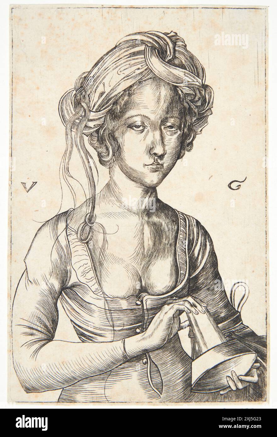 Stellt eine der törichten Jungfrauen aus einem biblischen Gleichnis dar, der als Kupferstich von Urs Graf geschaffen wurde und die frühdeutsche religiöse Druckerei illustriert. Stockfoto