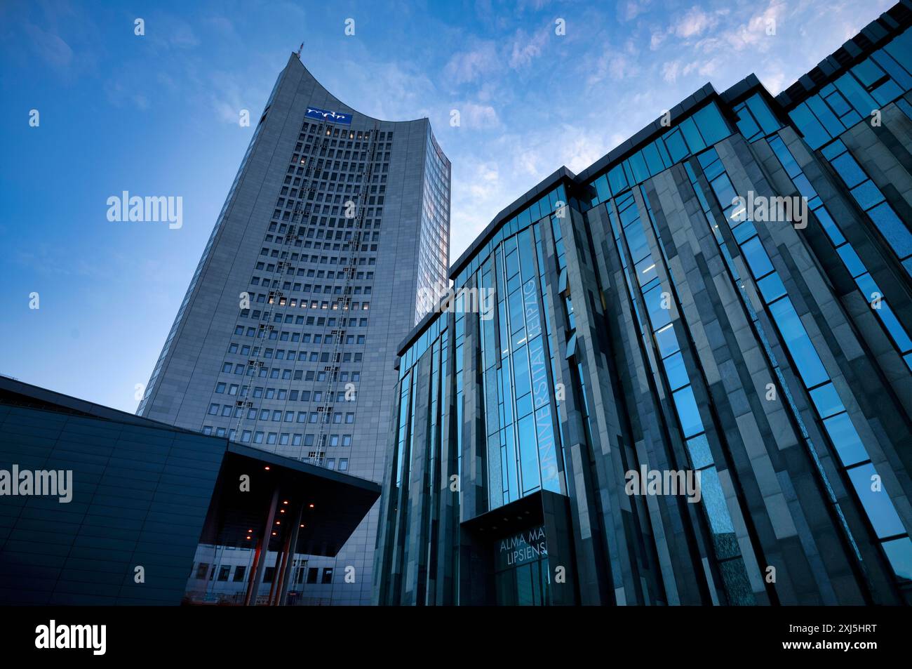 Gewandhaus, City-Hochhaus, mdr, Logo, Universität Alma Mater Lipsiensis, Leipzig, Sachsen, Deutschland Stockfoto