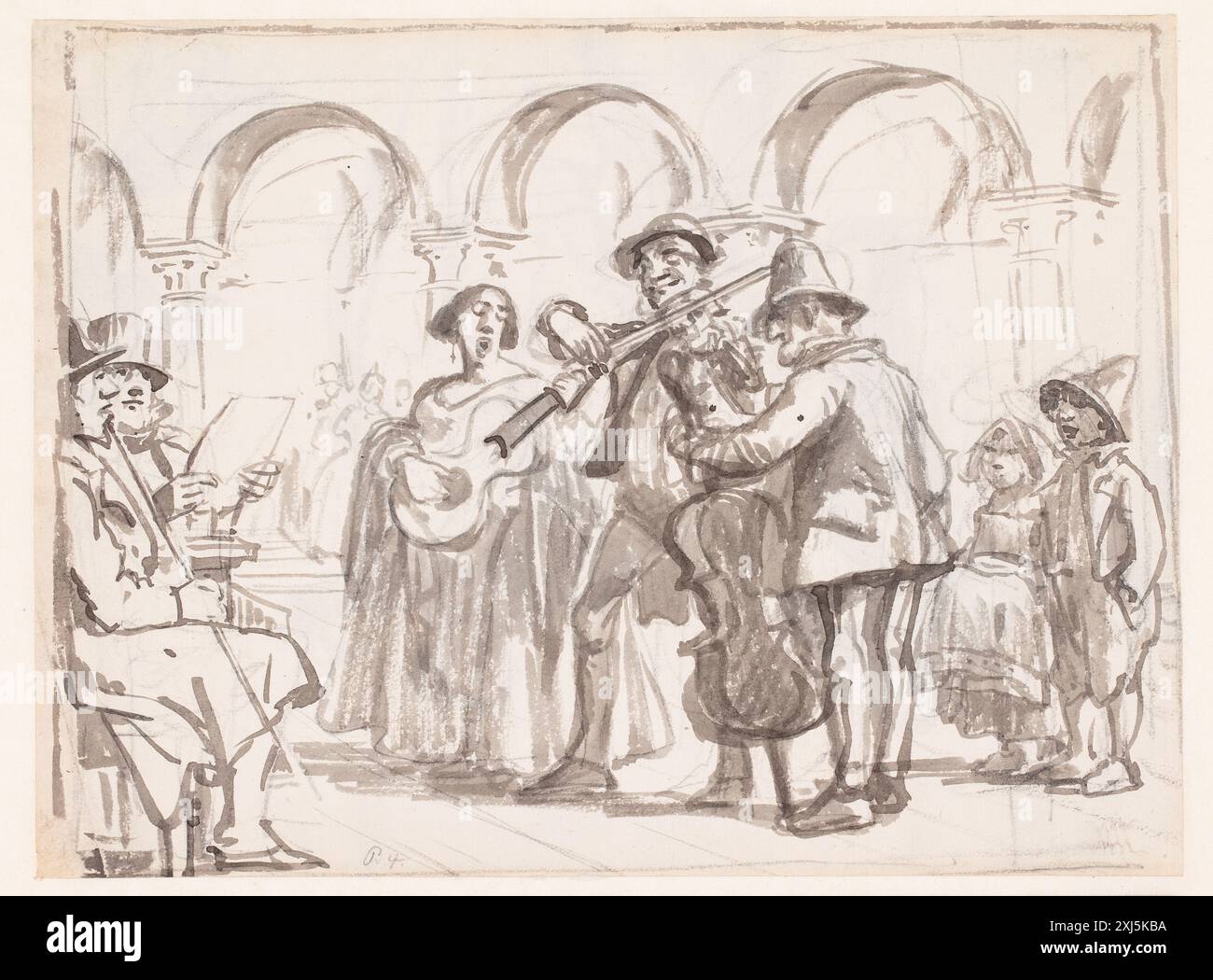 Eine Zeichnung von Wilhelm Marstrand, die auf dem Markusplatz in Venedig einen Musiker zeigt, der Figuren, Architektur und urbanes Setting zeigt. Stockfoto