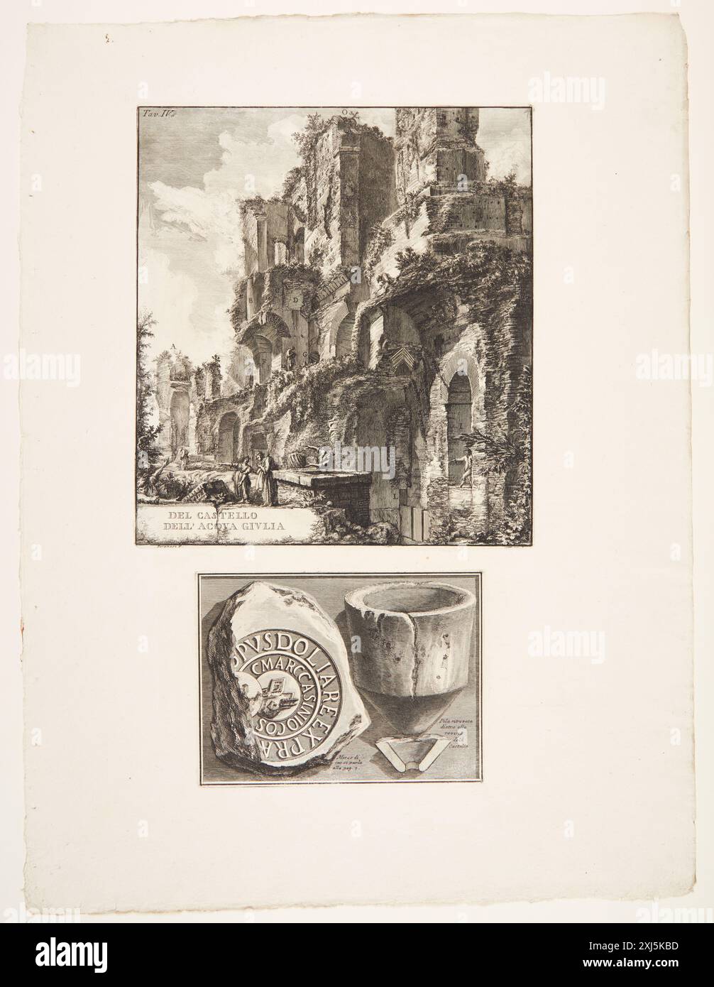 Seitenansicht des Brunnenkopfes und zwei Fragmente der Sanitäranlagen Piranesi, Giovanni Battista 1720 - 1778, Piranesi, Giovanni Battista 1720 - 1778 Gravur, Print Giovanni Battista Piranesi, Henri Focillon, Nr. 404-5, 40762, 1967. Giovanni Battista Piranesi: The complete Radiings, John Wilton-Ely, Nr. 537-8, 55434, 1994. Giovanni Battista Piranesi: Eine kritische Studie mit einer Liste seiner publizierten Werke und detaillierten Katalogen der Gefängnisse und der Ansichten von Rom, Arthur M. Hind, S. 85, 8013, 1922 Seitenansicht des Brunnenkopfes und zwei Fragmente der Sanitäranlagen Stockfoto