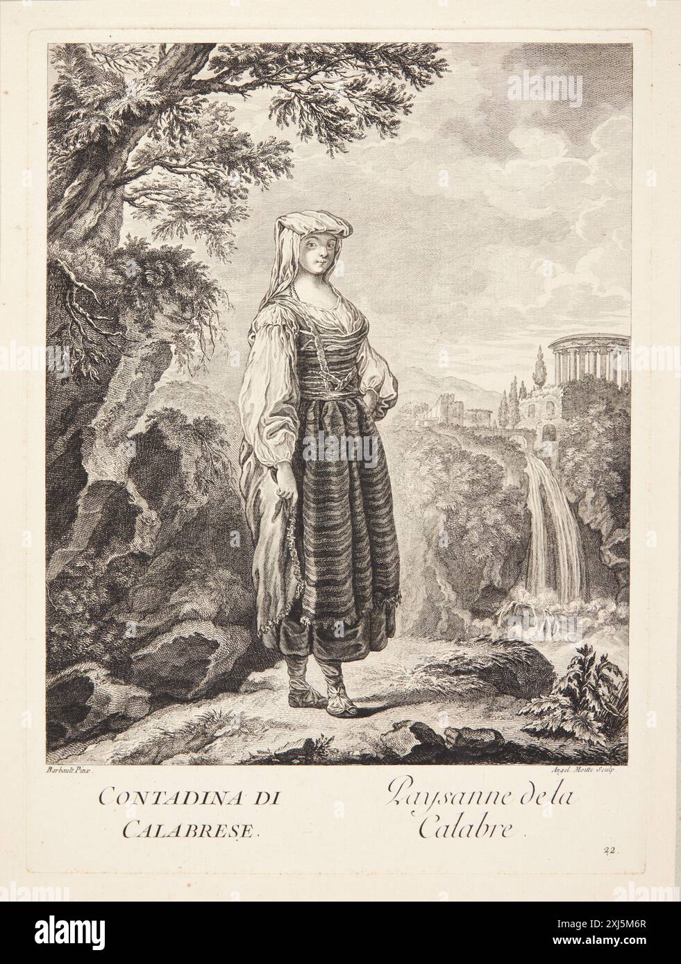 Bondepige Fra Calabrien (paysanne Dela Calabre) Moitte, Rose Angélique 1765 - 1790, Barbault, Jean 1705 - 1766, Moitte, Pierre Etienne 1722 - 1780 Etching, Print Manuel de l'Amateur d'estampes, Charles Le Blanc, bd. III, S. 34, Nr. 12-36, C 35580, 1854-[1890] Bondepige fra Calabrien (paysanne dela Calabre) Stockfoto