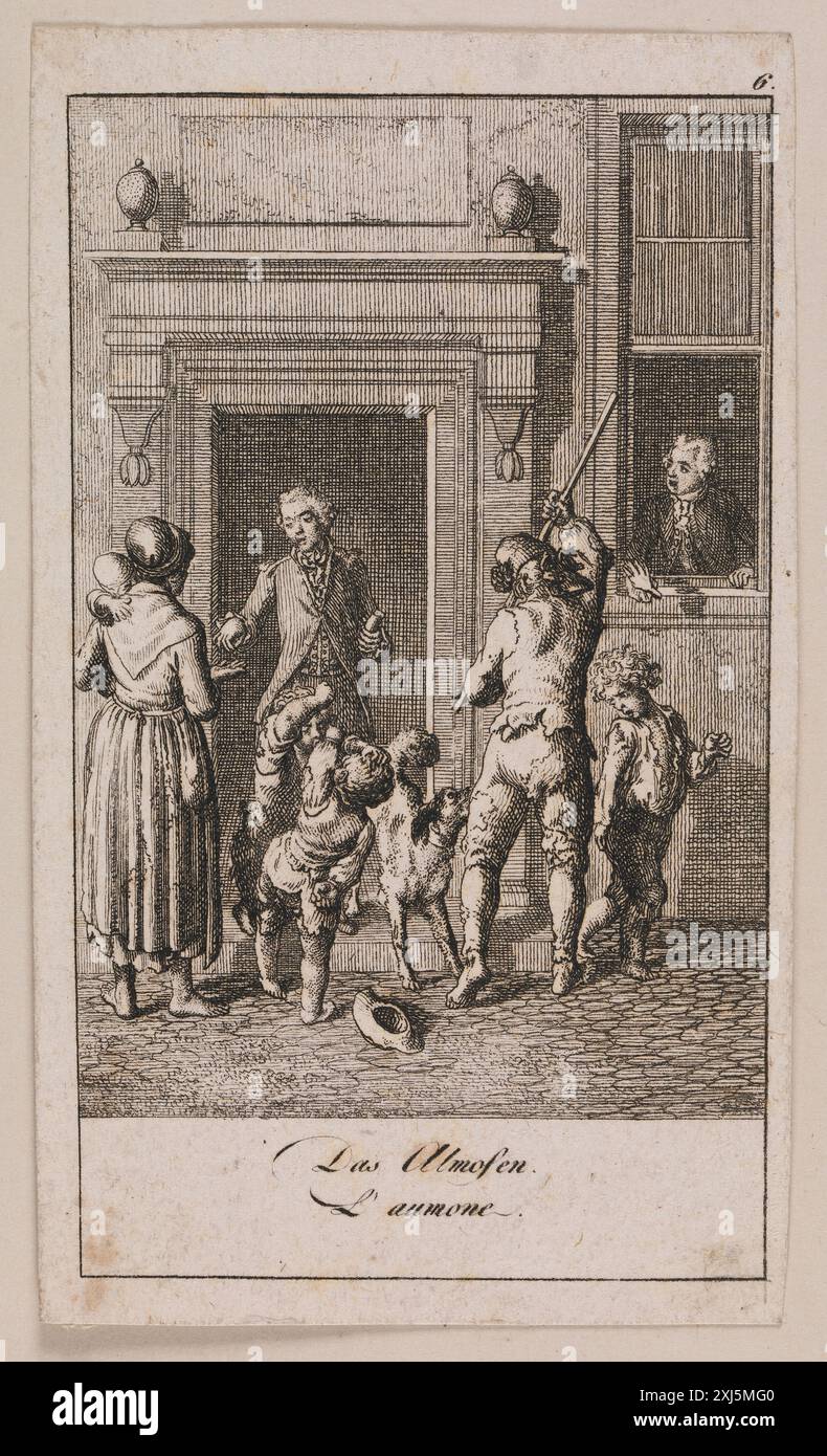 Gravur von Daniel Nikolaus Chodowiecki, die den Akt des Almosengebens darstellt, Figuren, Gesten und soziale Interaktion in einem häuslichen oder öffentlichen Umfeld zeigt. Stockfoto