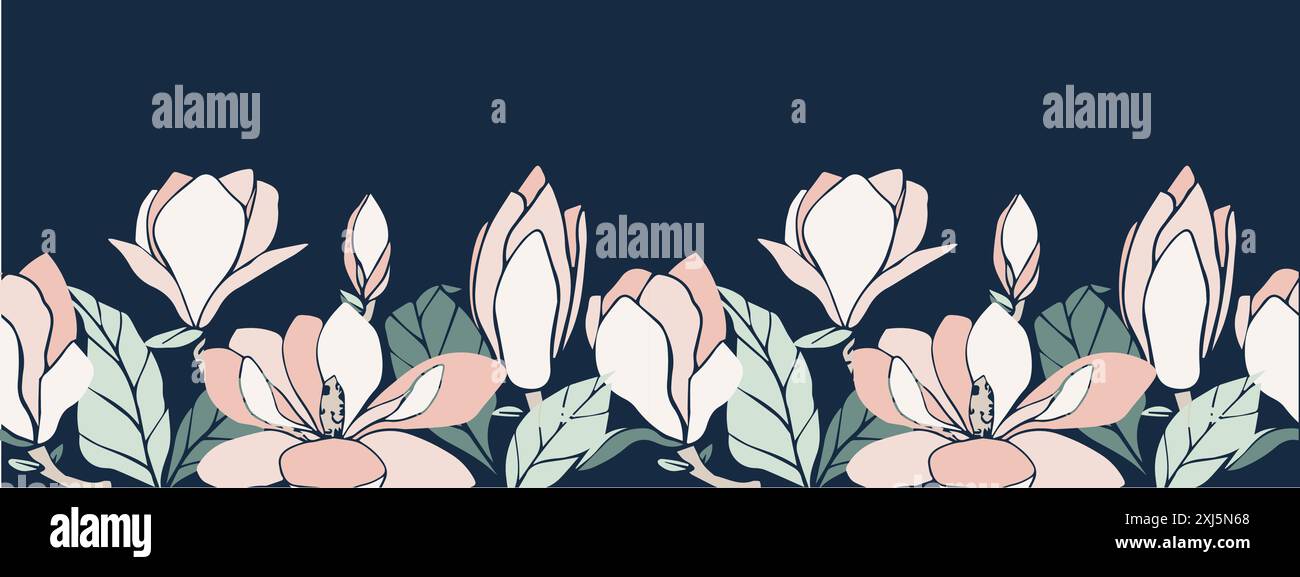 Vektor-Magnolienblume Silhouette, nahtloses Banner in weicher Pastellfarbe. Isoliertes Blumenelement. Blütenknospen in verschiedenen Formen für Hochzeitsdesign Stock Vektor