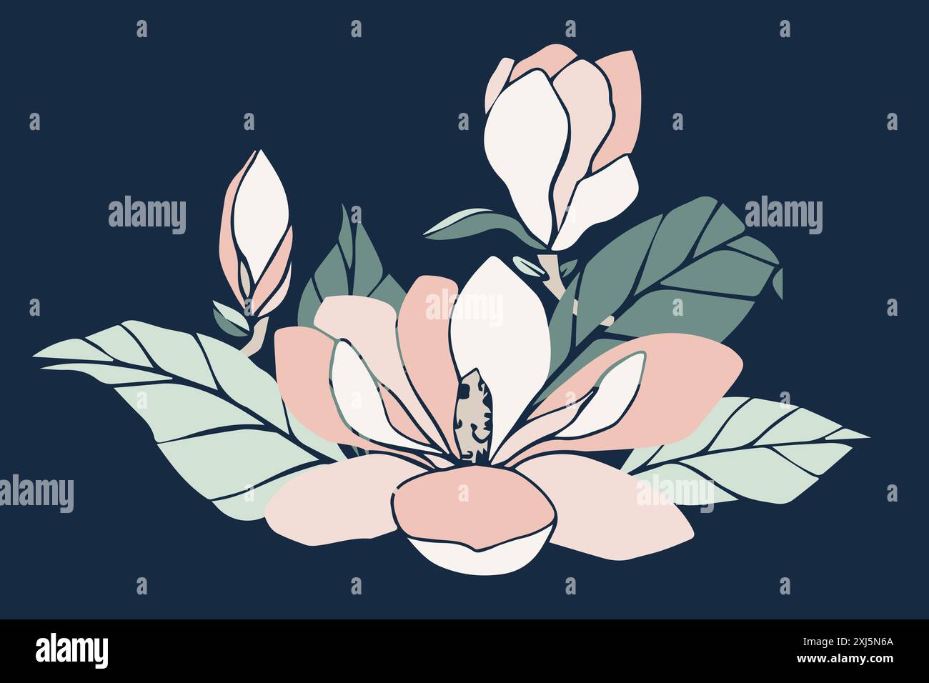 Vektor-Magnolienblume Silhouette, Illustration in weicher Pastellfarbe. Isoliertes Blumenelement. Blütenknospen in verschiedenen Formen für Hochzeitsdesign Stock Vektor