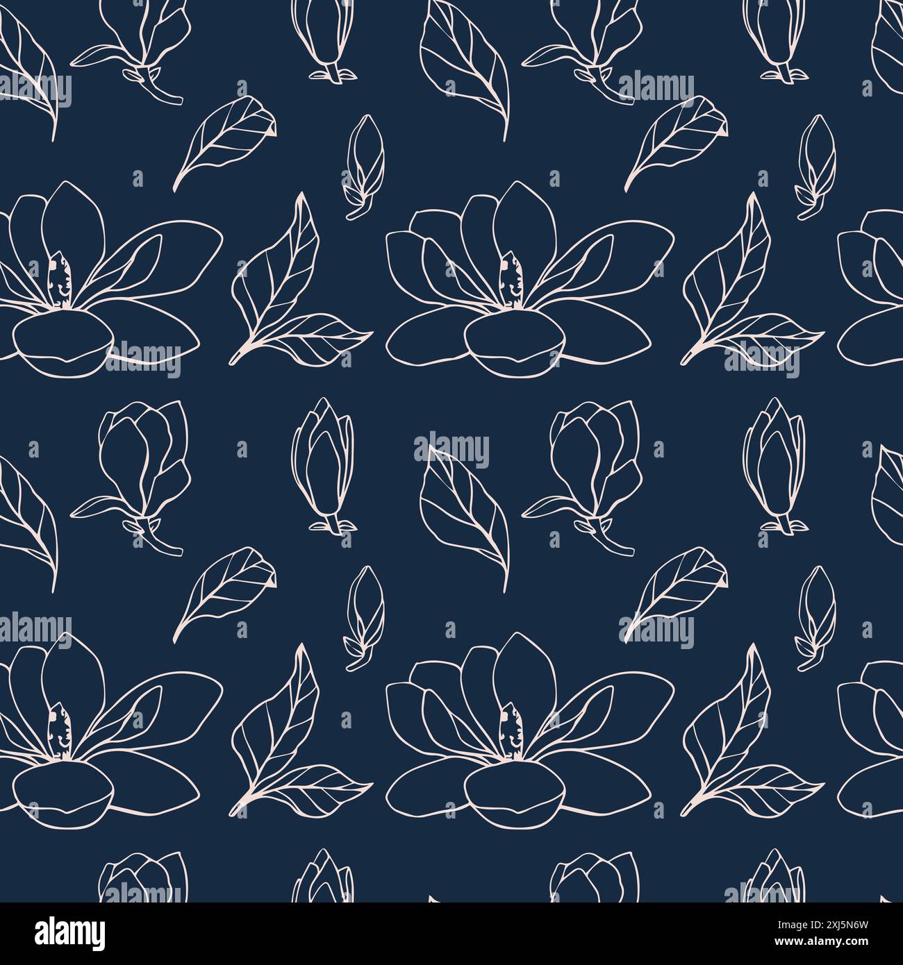 Nahtloses Vektor-Muster mit Magnolienblume Silhouette in weicher Pastellfarbe auf blauem Hintergrund. Blütenknospen in verschiedenen Formen für Hochzeitsdesign Stock Vektor