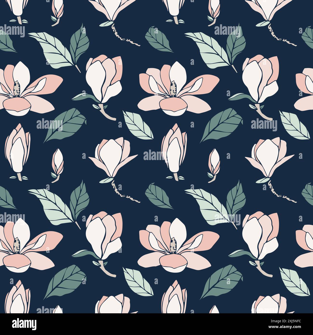 Nahtloses Vektor-Muster mit Magnolienblume Silhouette in weicher Pastellfarbe auf blauem Hintergrund. Blütenknospen in verschiedenen Formen für Hochzeitsdesign Stock Vektor