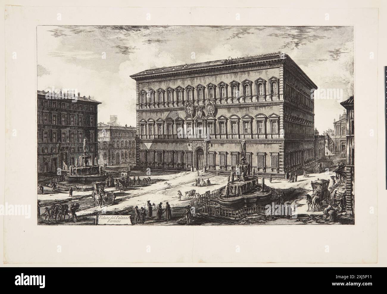 Stich von Giovanni Battista Piranesi (1720-1778), der den Palazzo Farnese in Rom darstellt und die Fassade, Architektur und städtische Umgebung des Gebäudes veranschaulicht. Stockfoto