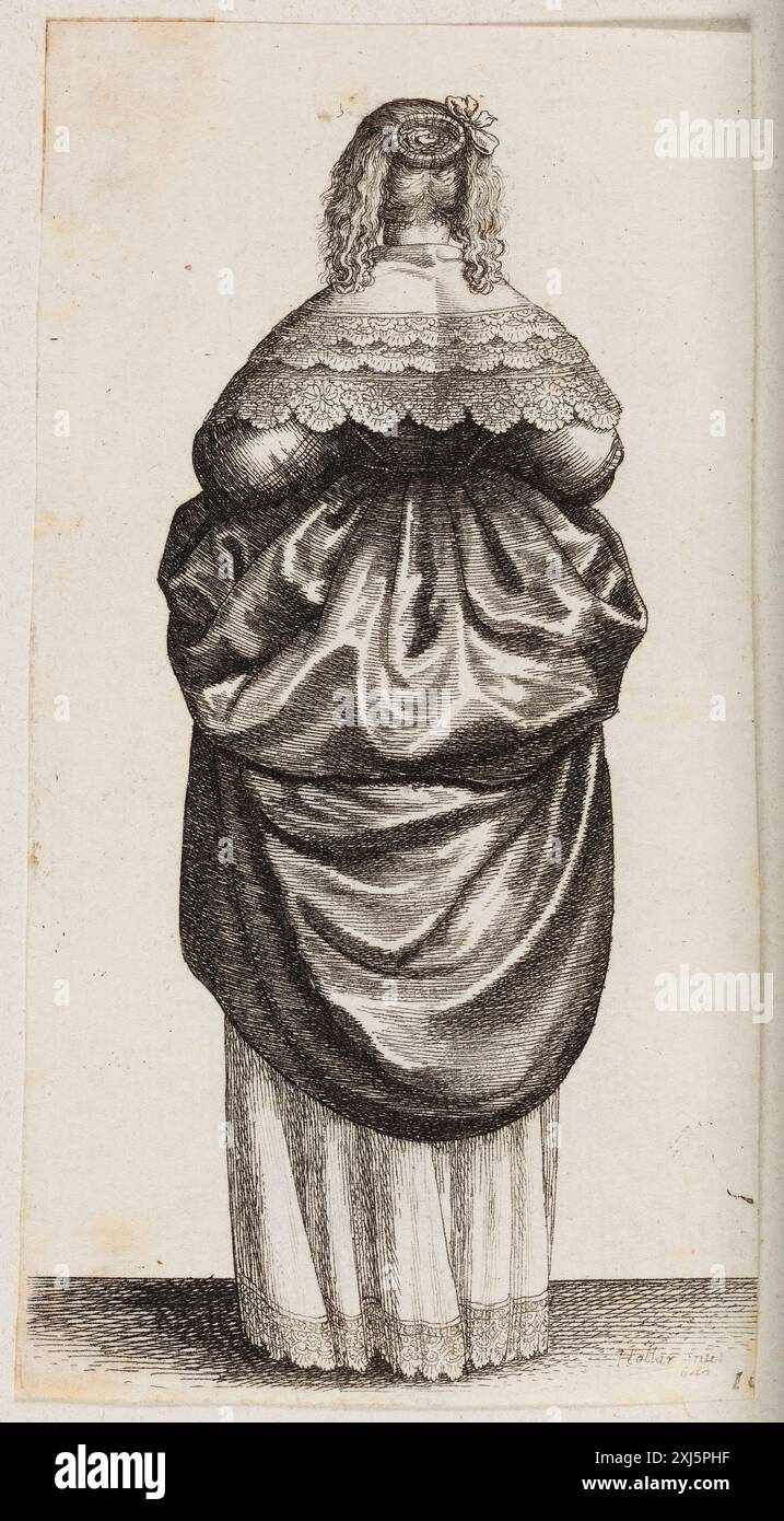 Ätzung von Wenzelaus Hollar (1607–1677), die eine Frau zeigt, die vom Betrachter weg zeigt und Haltung, Figur und Vorhänge betont. Stockfoto