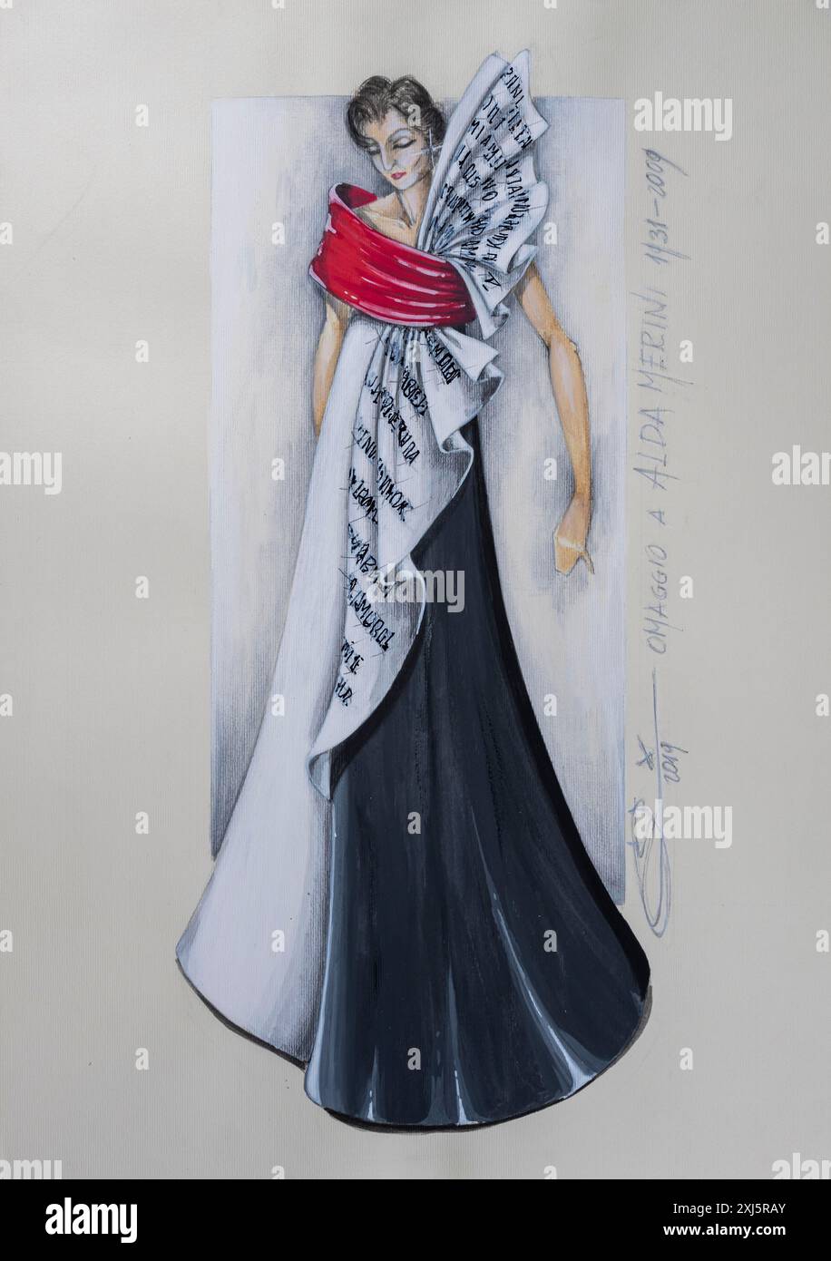 Hommage an Alda Merini, italienische Dichterin, Abendkleid, Modeskizze, Modedesign, Damenmode, Haute Couture Kollektion, Bleistiftzeichnung Stockfoto