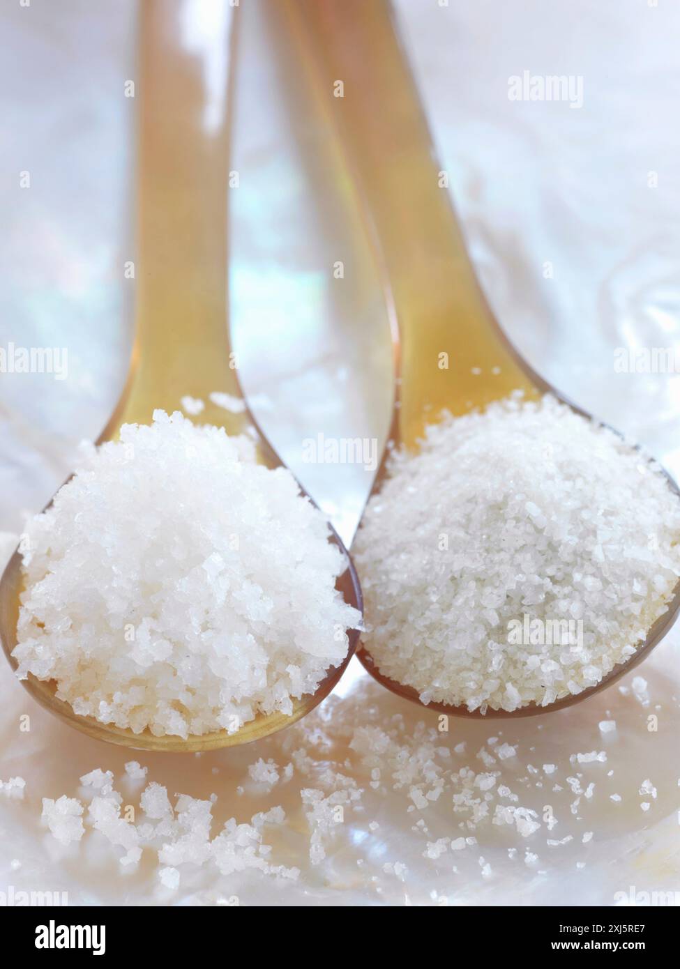 Löffel Fleur de Sel Meersalz und Guérande Salz Stockfoto