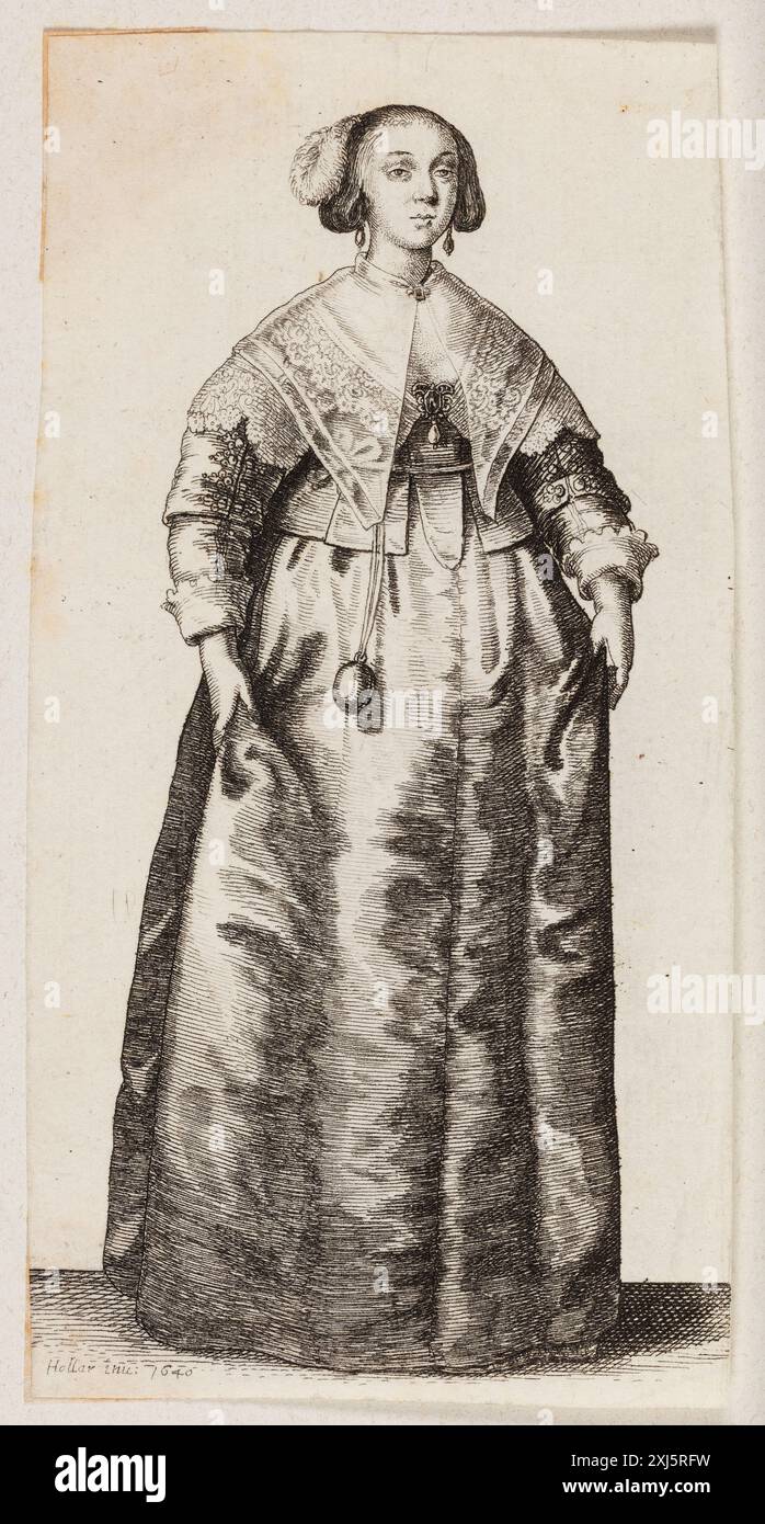 Ätzung von Wenzelaus Hollar, eine Frau mit einem Geruchskasten, der an einer Kette hängt, 1607-1677. Stockfoto