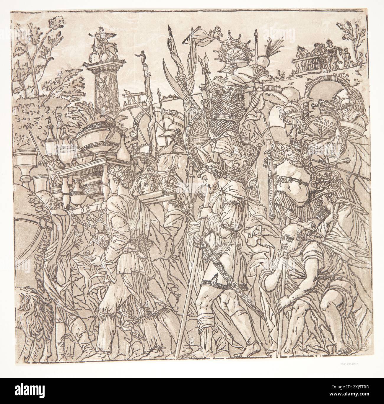 Männer mit Normen, die mit Kriegstrophäen gehängt sind Andreani, Andrea 1558 - 1629, Mantegna, Andrea 1429 - 1506, Malpizzi, Bernardo 1553 - 1623 Chiaroscuro Holzschnitt, Print the Illustrated Bartsch 48, italienische Chiaroscuro Holzschnitte, Caroline Karpinski, S. 162, 11.6, C 36237, 1983 Mænd med Standarter behængt med krigstrofæer Stockfoto