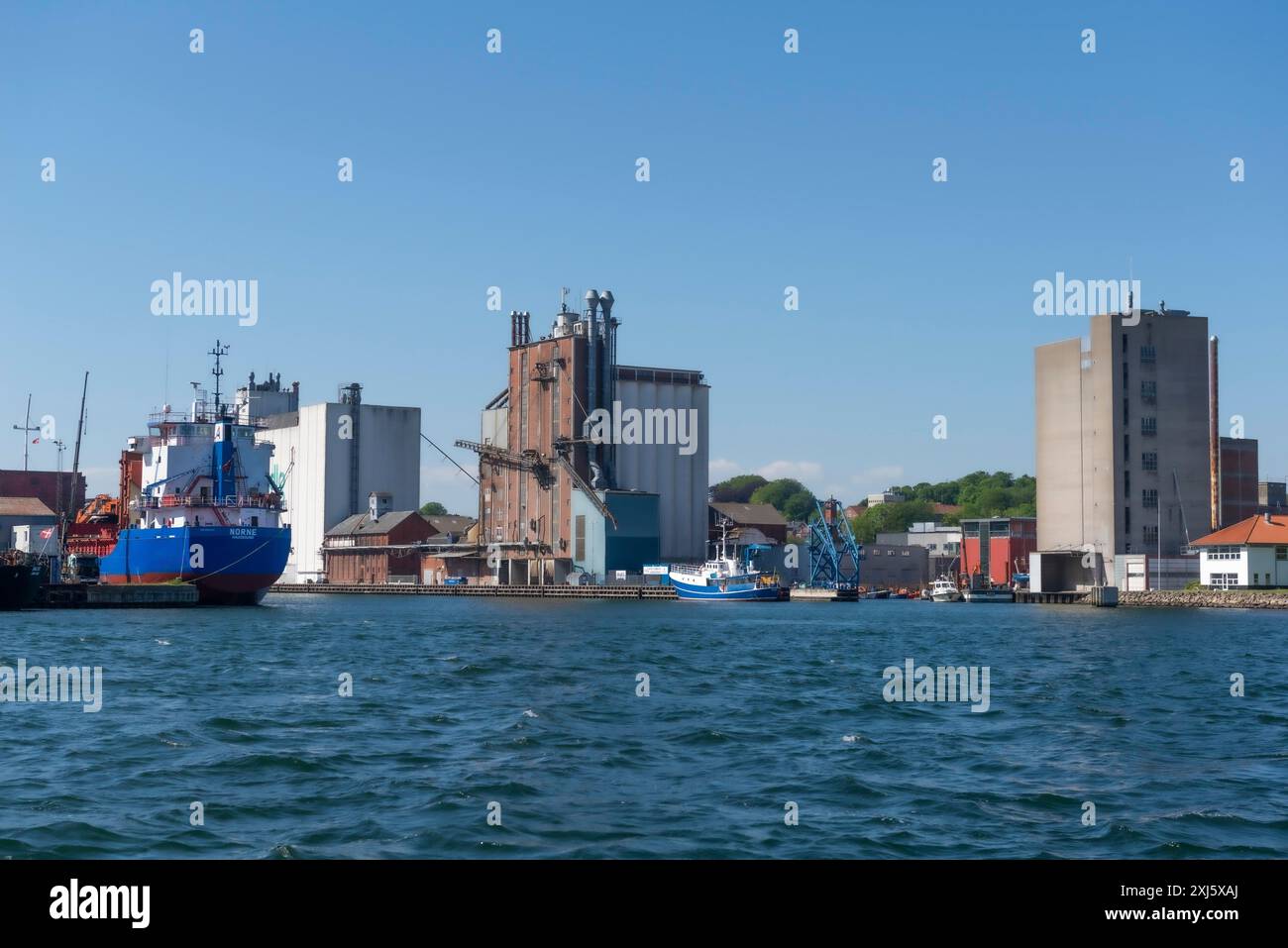 Hafen von Svendborg, Schifffahrt, Kai, Silos, Schiff, Crane, Ostsee, Fünen, Fünen, Dänemark Stockfoto