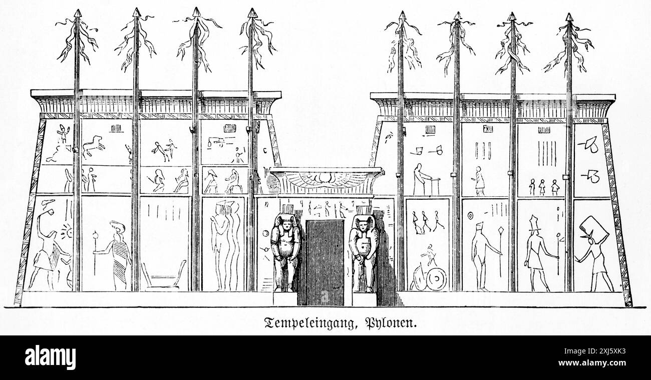 Tempeleingang, Pylonen Statuen von Göttern, Zeichnungen, Ornamente, historische Illustration 1880, Orient Stockfoto