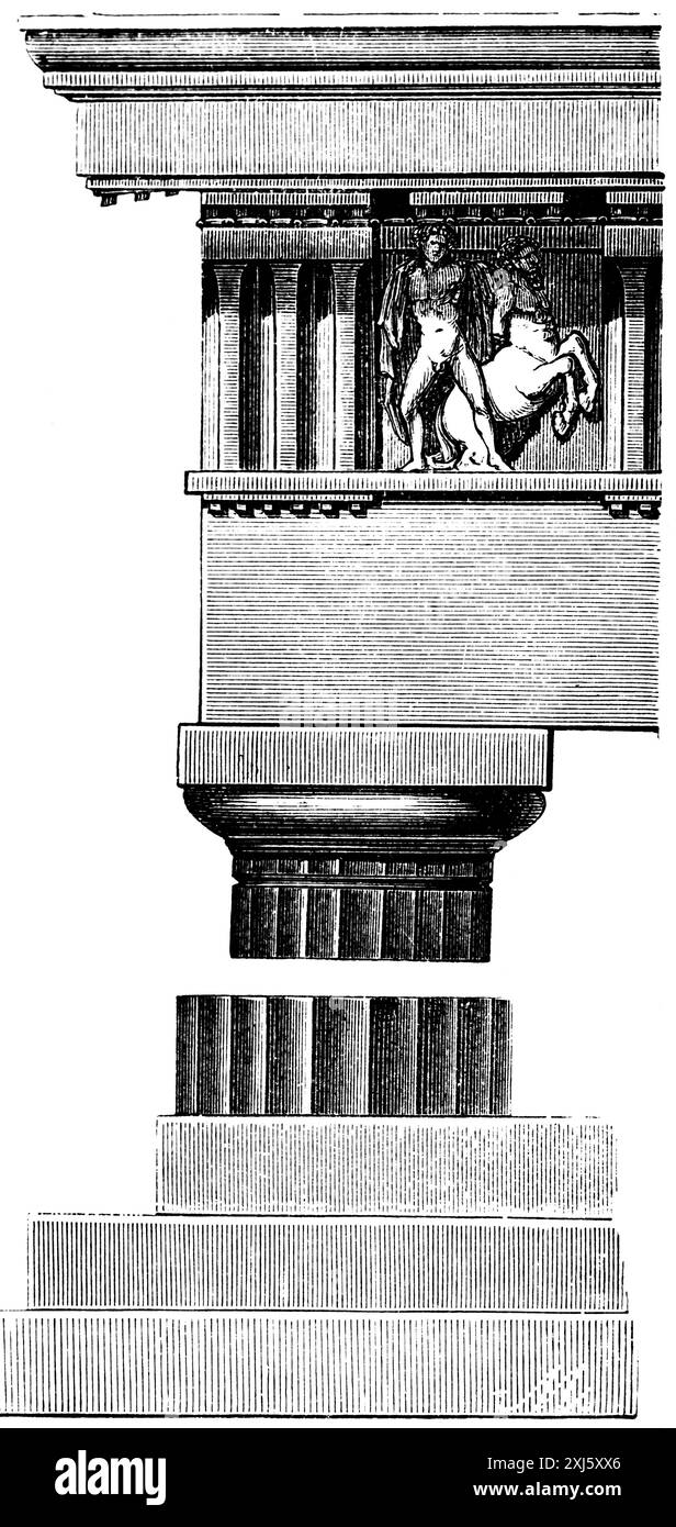 Dorische Säule des Pantheons in Athen, Pferd, Mensch, Griechen in der Antike, historische Illustration um 1890 Stockfoto