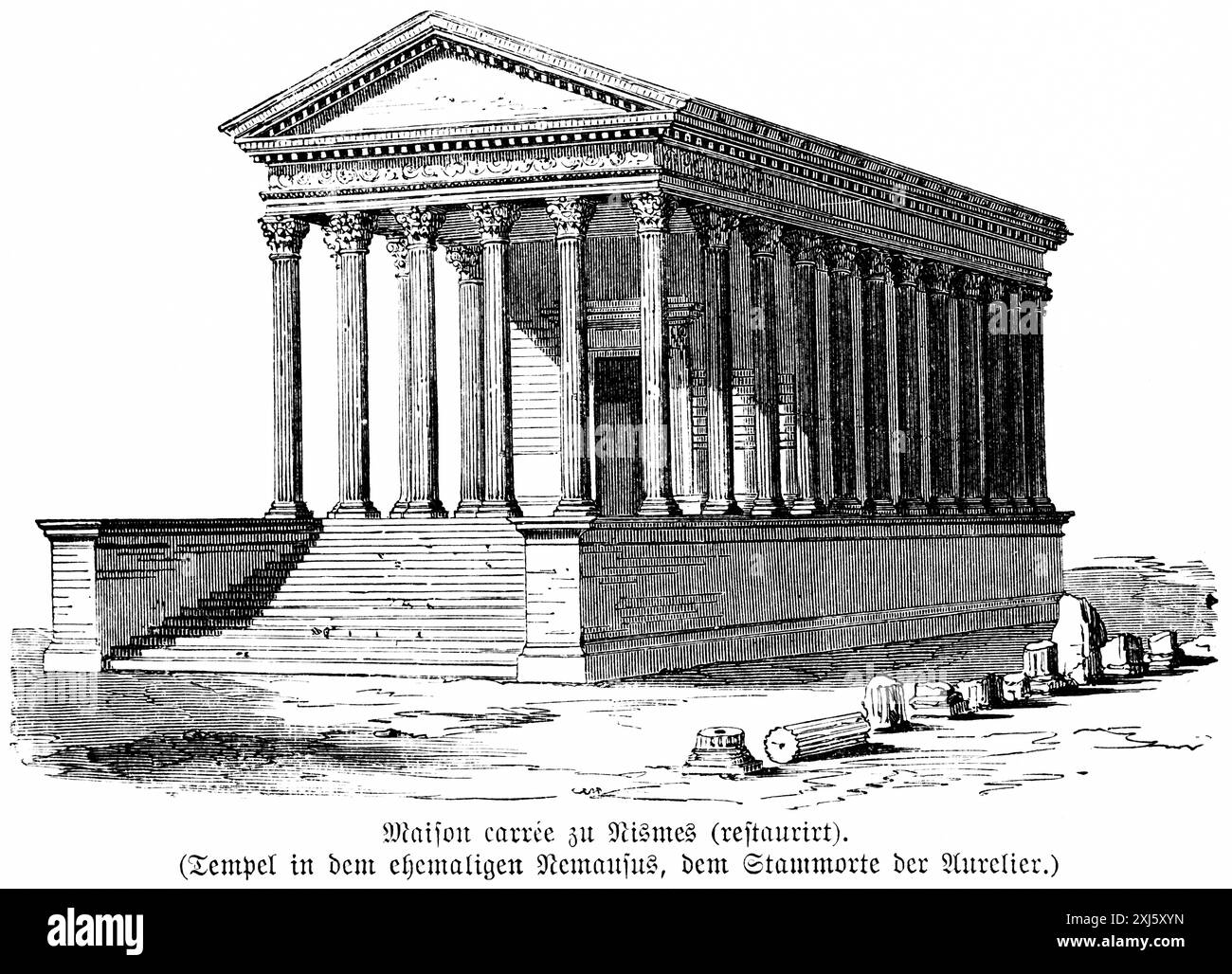 Tempel Maison Carree in Nimes, Frankreich, UNESCO-Weltkulturerbe, Säulen, Stufen, Römisches Reich, historische Illustration 1880 Stockfoto