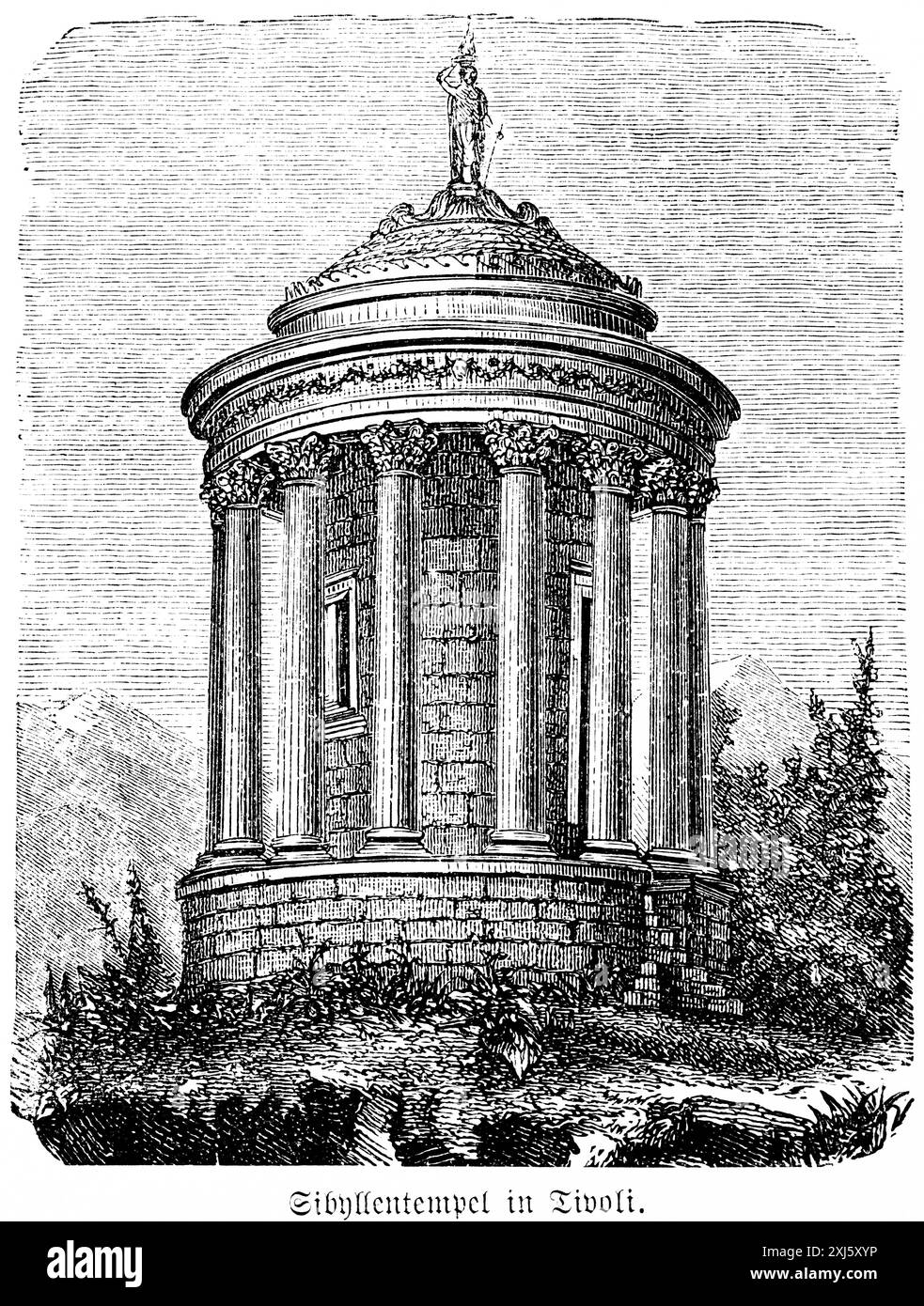 Antike Tempel der Sibyllen in Tivoli bei Rom, Rotunde, Säulen, Figur, Park, Etrusker, Etrusker, Römisches Reich, historische Illustration 1880 Stockfoto