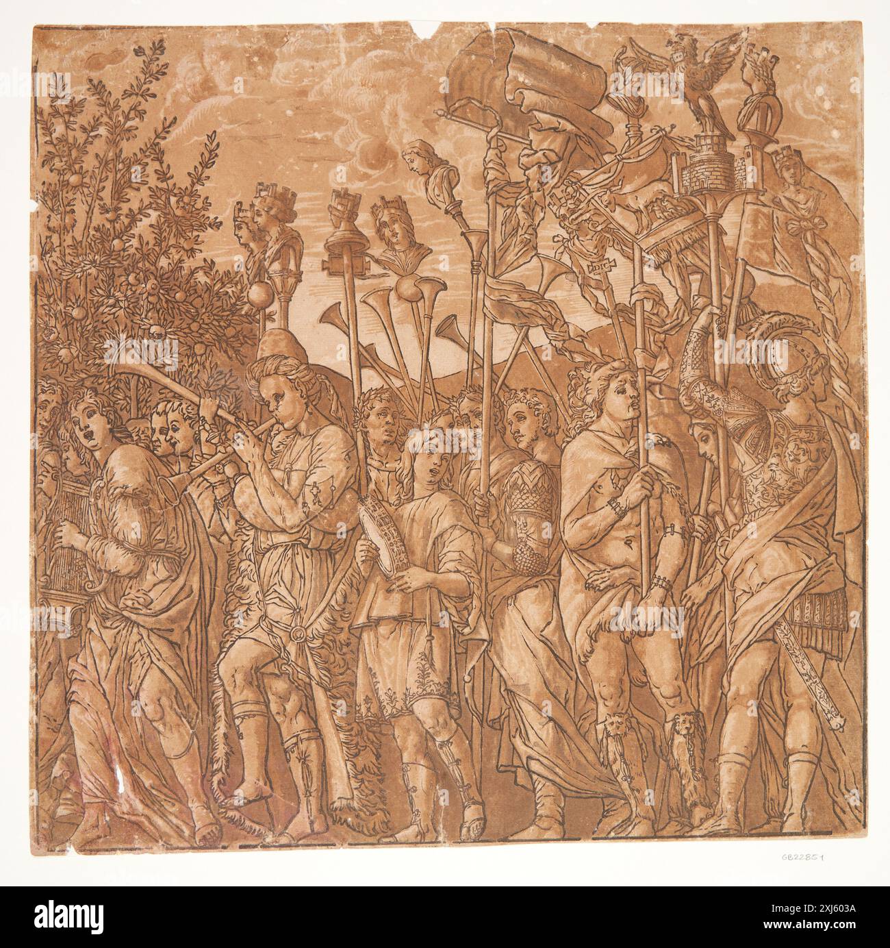 Musiker und Männer, die Standards tragen Andreani, Andrea 1558 - 1629, Mantegna, Andrea 1429 - 1506, Malpizzi, Bernardo 1553 - 1623 Chiaroscuro Holzschnitt, Print the Illustrated Bartsch 48, italienische Chiaroscuro Holzschnitte, Caroline Karpinski, S. 164, 11.8, C 36237, 1983. Les marques de Collections de dessins & d'estampes: marques estampillées et écrites de Collections particulières et publiques, Frits lugt, 1763, 7027, 1921-1956 Musikanter og mænd, der bærer standarter Stockfoto