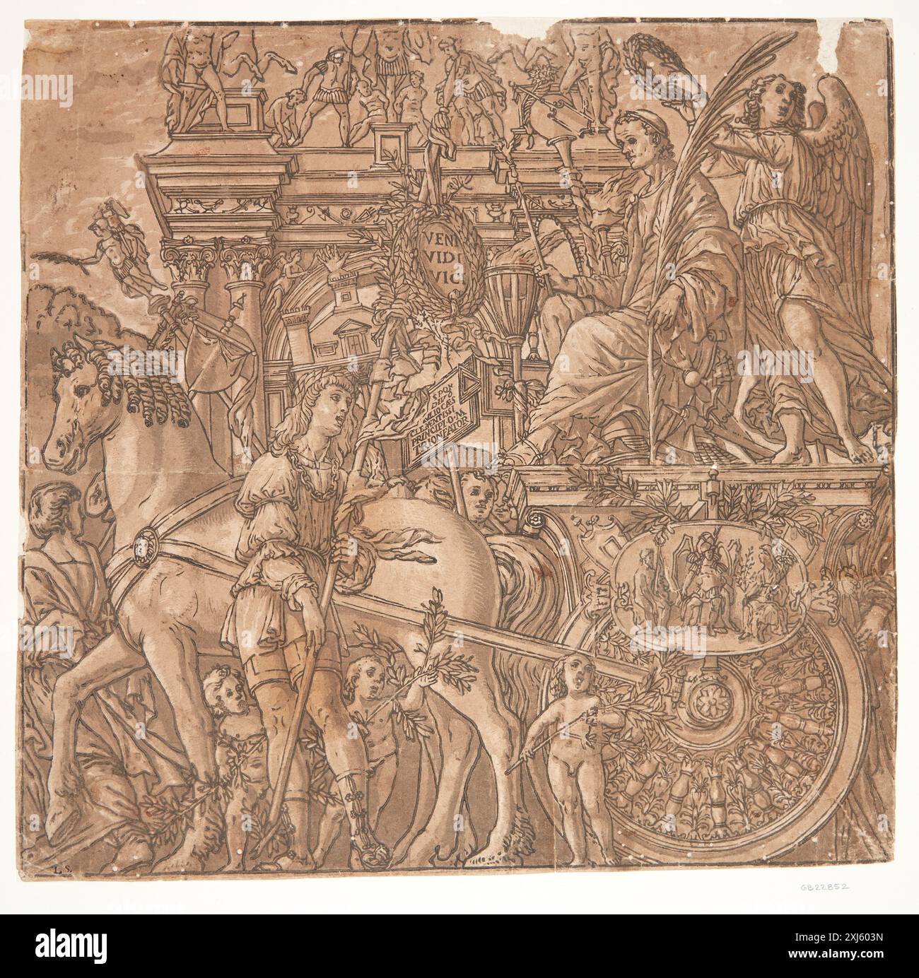 Hell-Dunkel-Holzschnitt von Andrea Andreani nach Mantegna und Malpizzi, der Julius Cäsar in einer von Pferden gezogenen Triumphkutsche zeigt. Ein Engel krönt ihn mit einem Lorbeerkranz, der Sieg und göttliche Zustimmung symbolisiert. Der Druck demonstriert die klassische Ikonographie und die Beherrschung des Tondrucks aus der Renaissance. Stockfoto