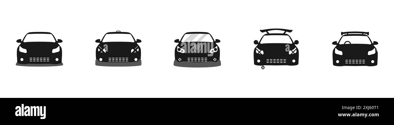 Sammlung getunter Autos. Stilvolle Autos mit Vorderansicht. Fahrzeug. Vektorabbildung. Stock Vektor