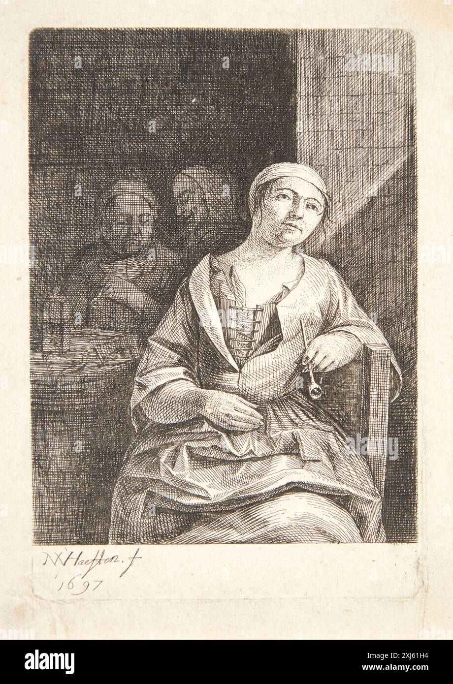 Radierung von Nicolaes van Haeften, die eine junge Frau darstellt, die eine Pfeife raucht. Das Werk veranschaulicht ihre Haltung, Kleidung und Innenausstattung, die charakteristisch für die niederländische Ätzung des späten 17. Jahrhunderts ist. Stockfoto