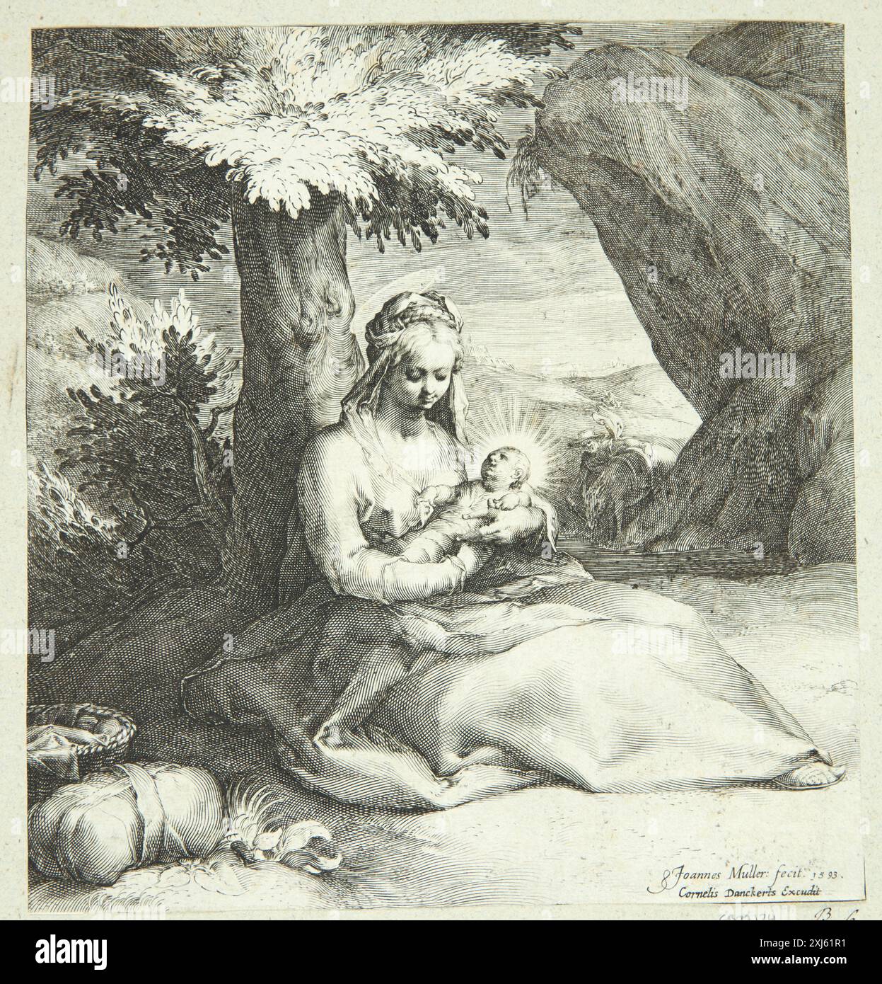 Kupferstich, der eine Ruheszene während der Flucht aus Ägypten darstellt, erstellt von Jan Harmensz. Muller und Cornelis Danckerts I, Teil der niederländischen und flämischen Radierungen, Stiche und Holzschnitte Sammlung. Stockfoto