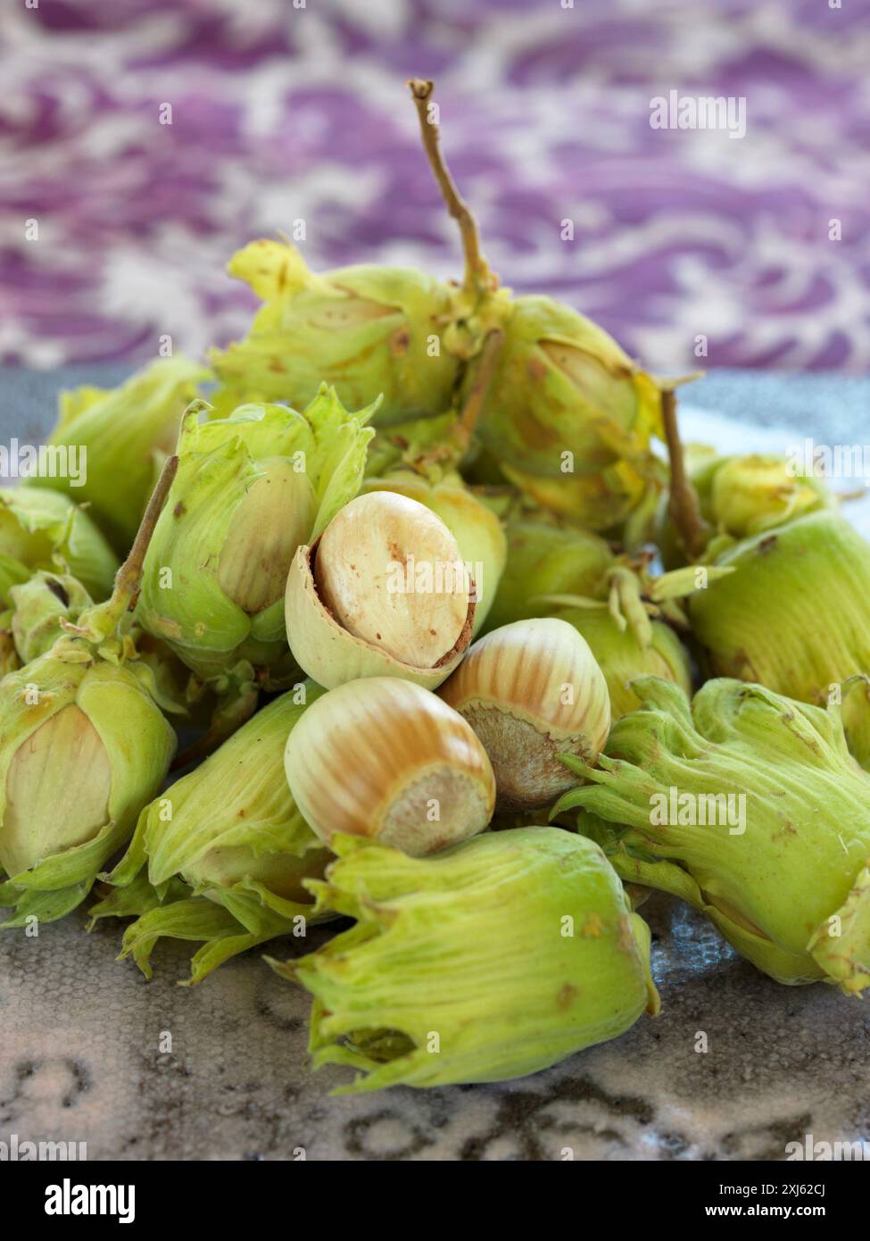 Haufen frischer Haselnüsse Stockfoto