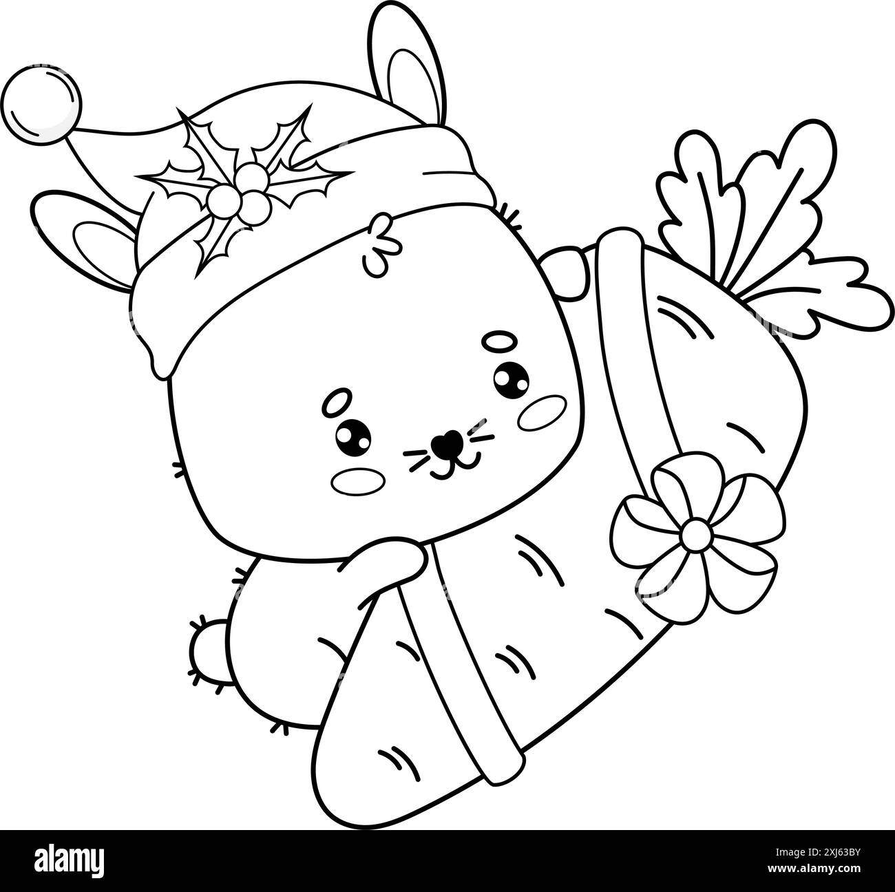 Weihnachtskaninchen mit Weihnachtsmütze mit Geschenk großer Karotte. Skizzieren Sie die festliche kawaii-Tierfigur in Cartoon. Linienzeichnung, Malbuch. Vektorabbildung. Stock Vektor