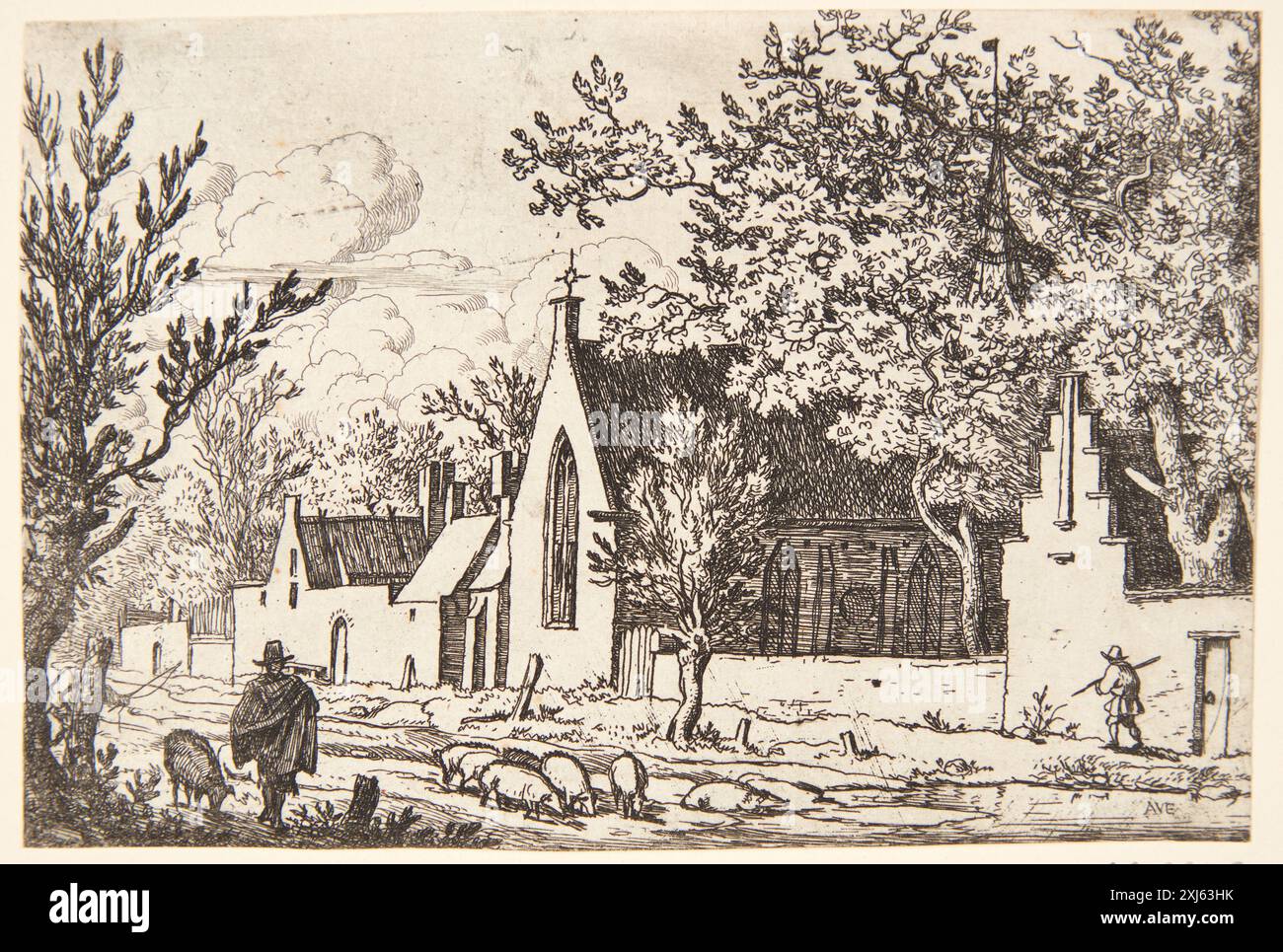 Schweine in einer Kapelle Everdingen, Allaert van 1621 - 1675 Ätzen, Drucken Hollsteins niederländische und flämische Radierungen, Stiche und Holzschnitte 1450-1700 (Vol. VI), Douffet - Floris, F.W.H. Hollstein, 43 I, C 38945, 1952. the Illustrated Bartsch 2, Dutch Artists, Waterloo, van Everdingen, Swanevelt, Mark Carter Leach, 43, C 36165, 1978 Grise Ved et kapel Stockfoto