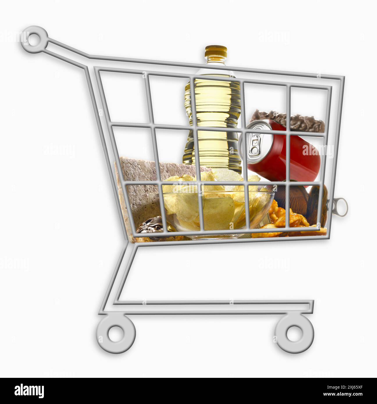 Mini-Supermarkt-Trolley voller kalorienreicher Produkte Stockfoto