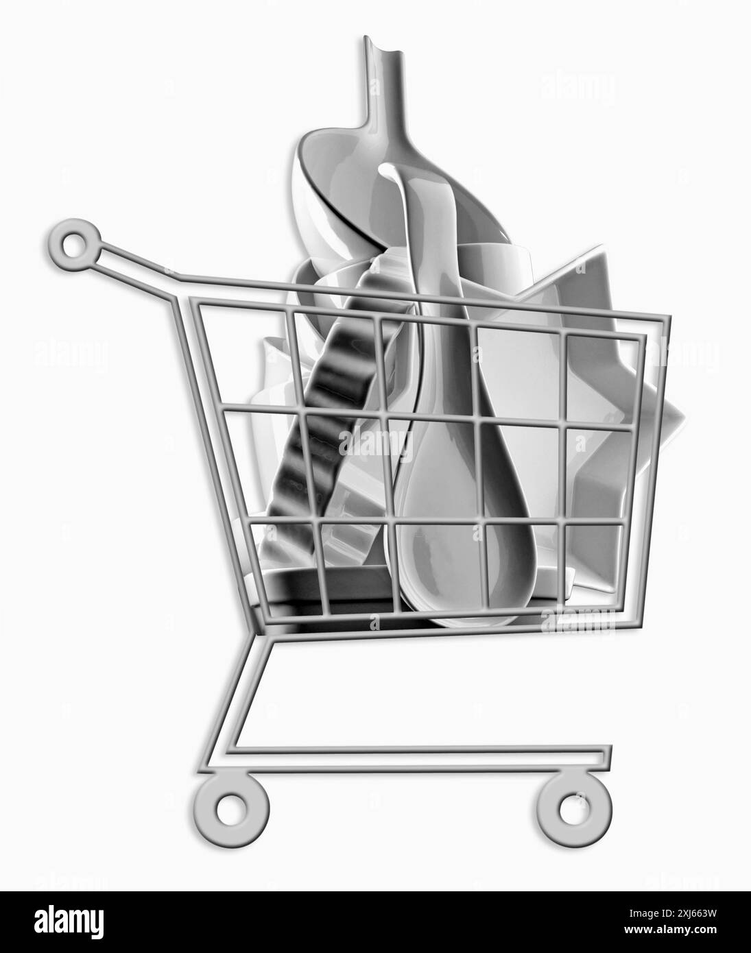 Mini-Supermarkt-Trolley voller porzellangerichte Stockfoto