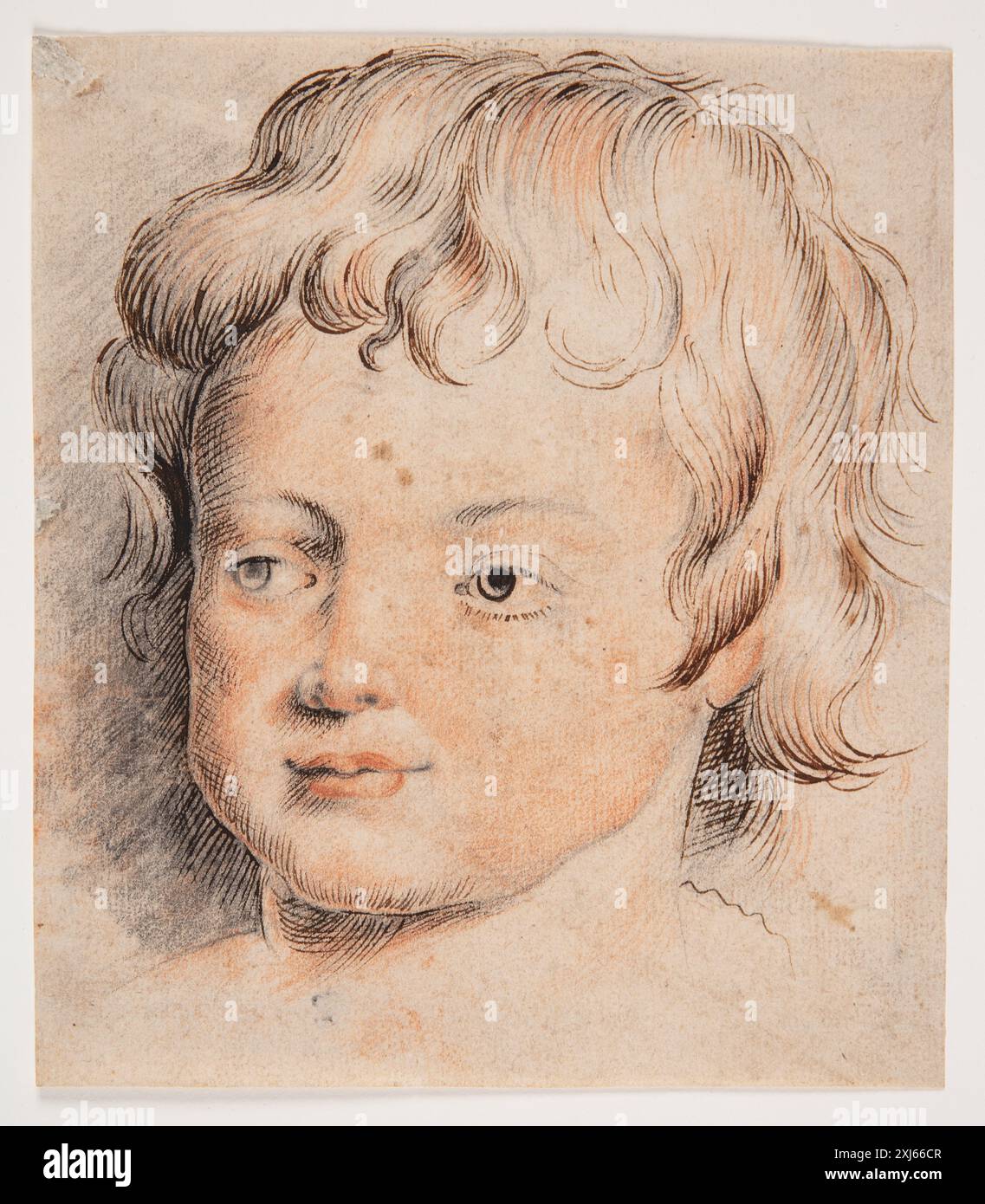 Zeichnung von Peter Paul Rubens (1577–1640), die den Kopf eines Kindes darstellt, Gesichtszüge, Ausdruck und Proportionen im flämischen Zeichenstil des frühen 17. Jahrhunderts zeigt. Stockfoto