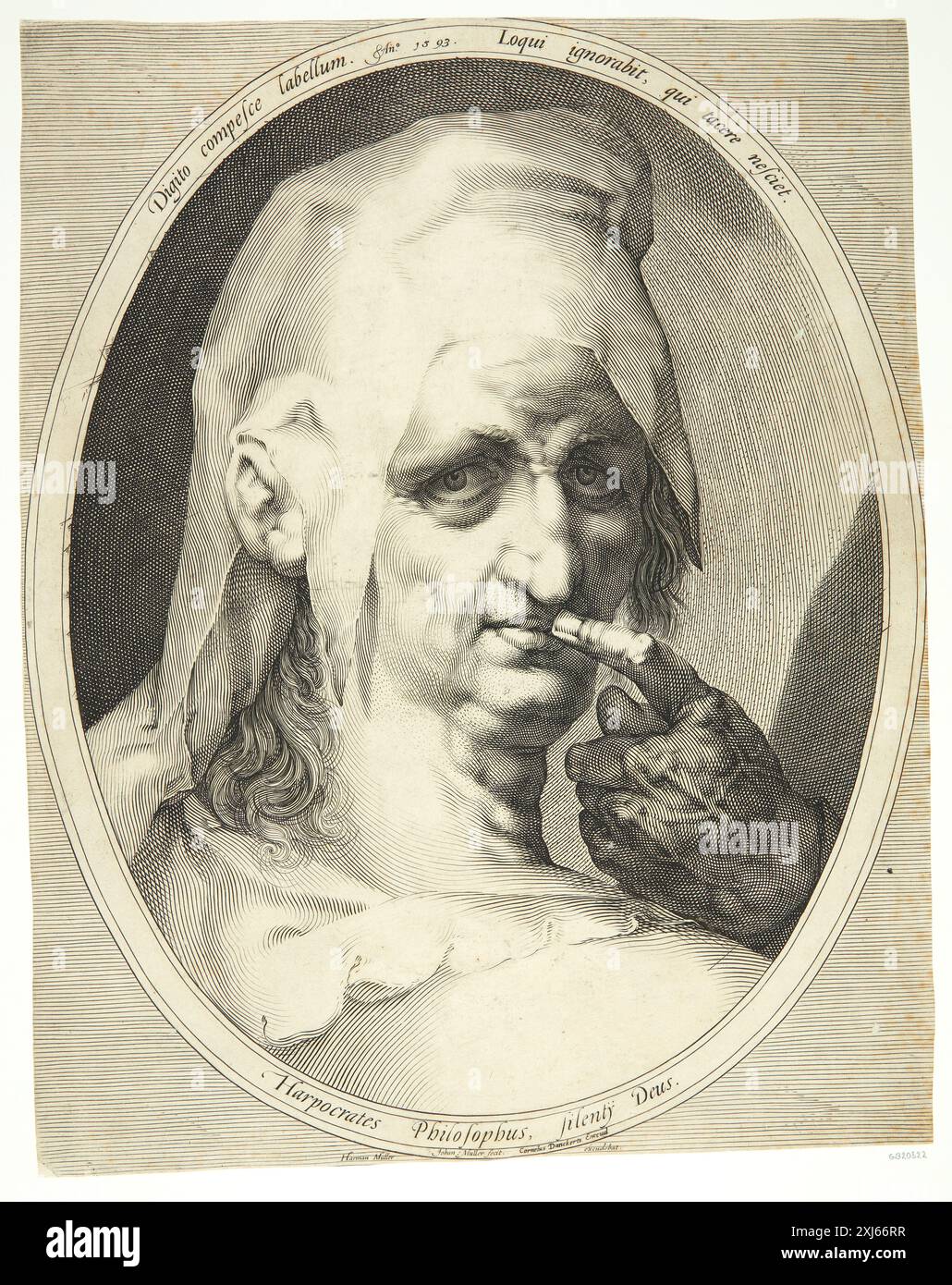 Kupferstich von Jan Harmensz. Muller zeigt die Figur des Harpokrates, die sitzende Figur, Gesten und Attribute in niederländischen Drucken des späten 16. Und frühen 17. Jahrhunderts darstellt. Stockfoto